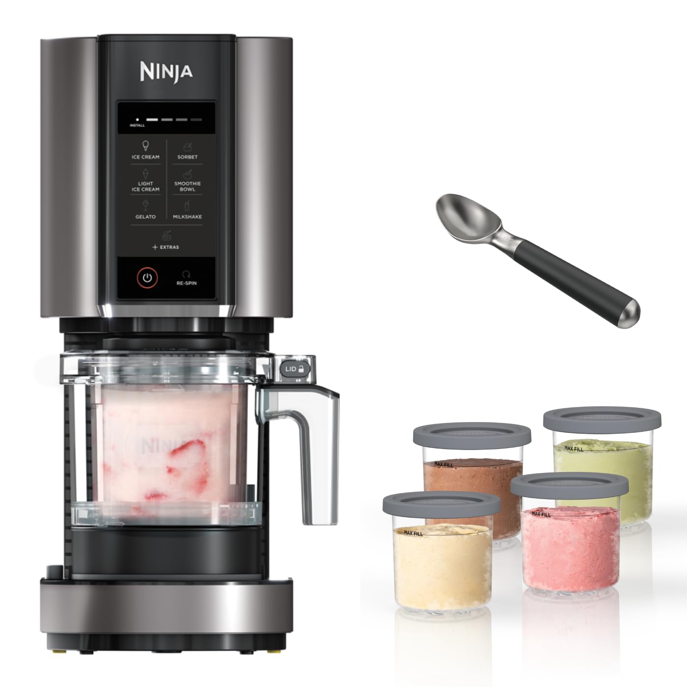 Ninja CREAMi Ice Cream Maker & Frozen Dessert Maker with 3 Tubs, 7 Programs, Makes Ice Cream, Gelato, Sorbet, Smoothie Bowl, Milkshakes and more, Black/Silver, Makes 1.4L of Ice Cream, NC300UK