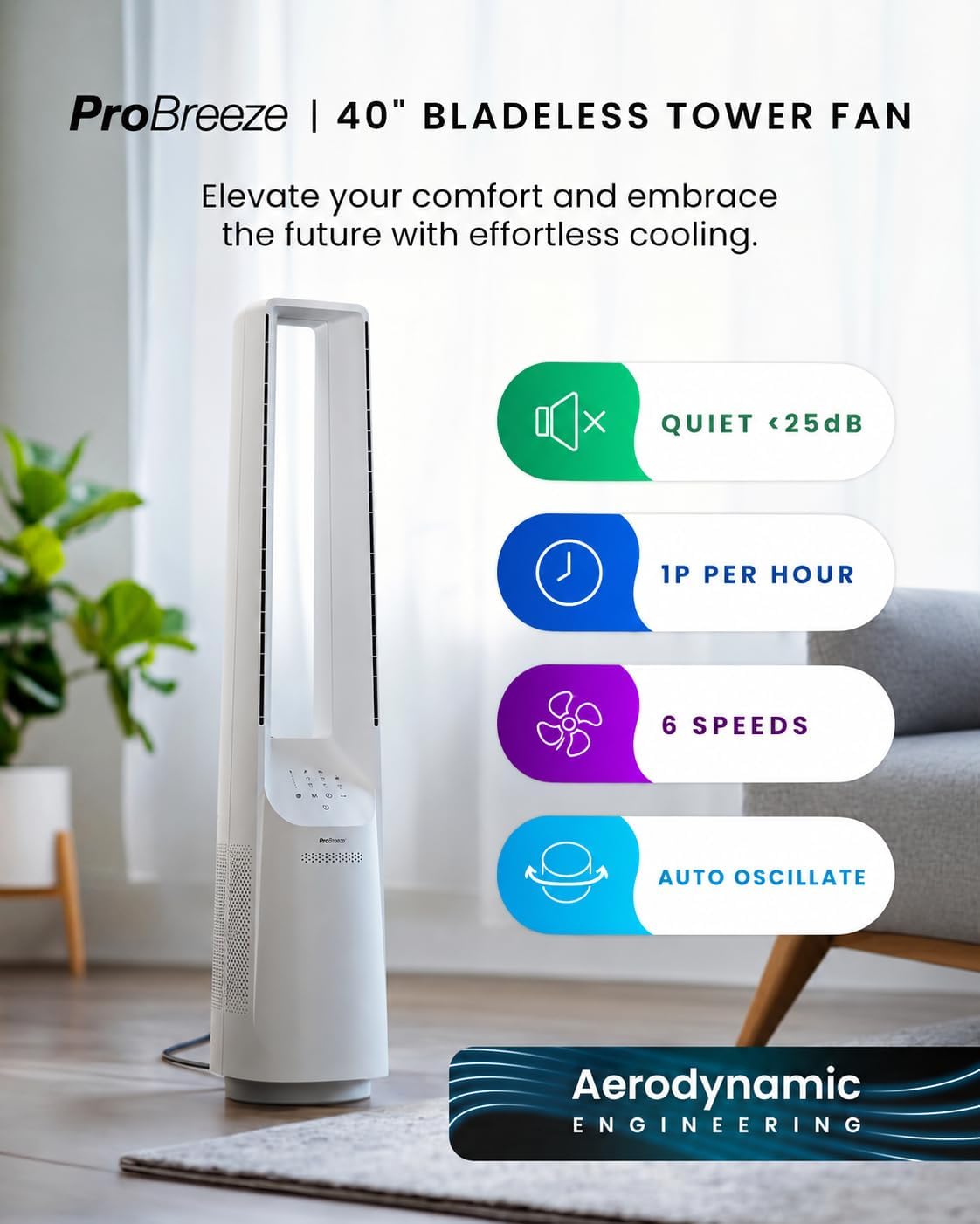 Pro Breeze® Silent Bladeless Portable Tower Fan - Ultra Quiet Standing Air Circulator with Remote Control, Timer, 6 Speeds & LED Display