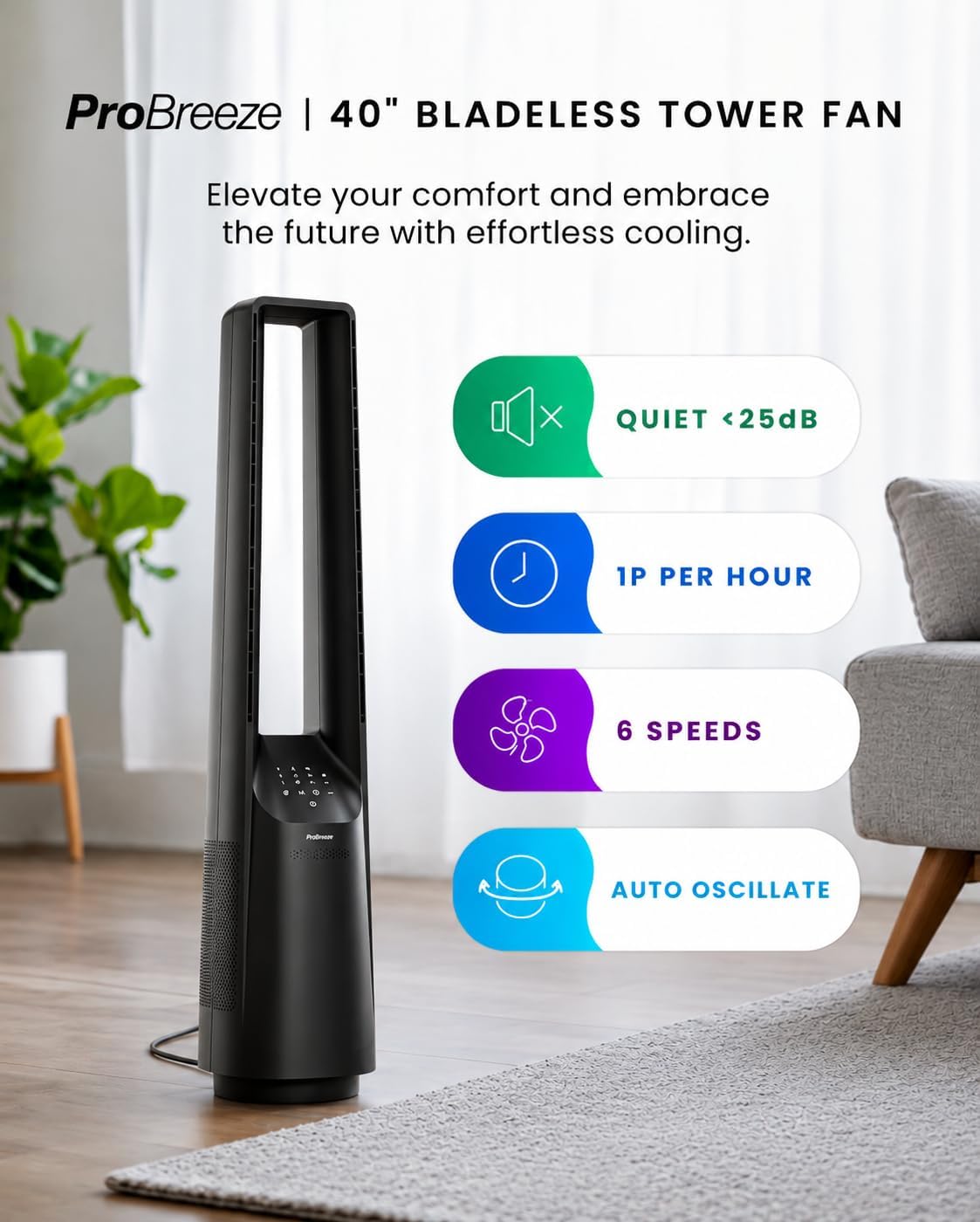 Pro Breeze® Silent Bladeless Portable Tower Fan - Ultra Quiet Standing Air Circulator with Remote Control, Timer, 6 Speeds & LED Display