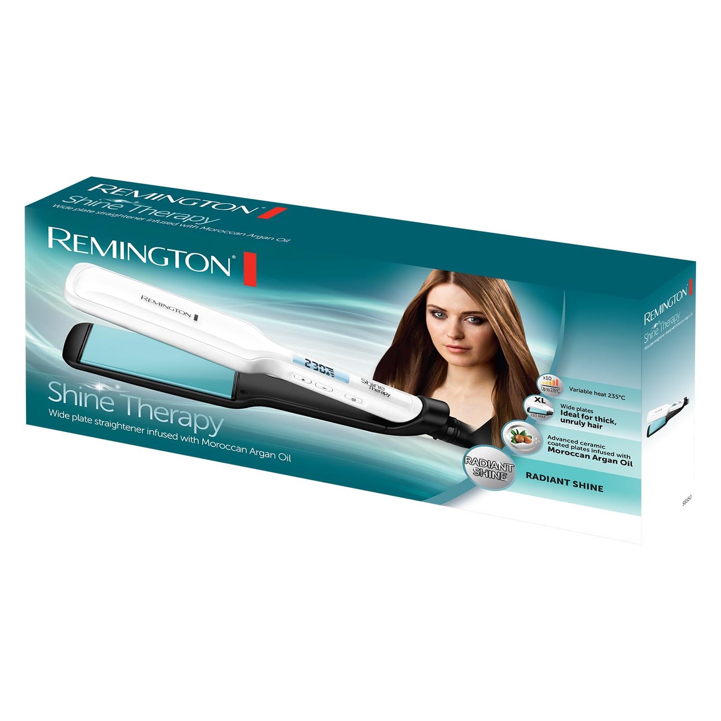 Remington Shine Therapy Hair Straightener with Advanced Ceramic coating infused with Moroccan Argan Oil for sleek & smooth glide, Floating plates, Digital display, 9 settings 150°C–230°C, S8500