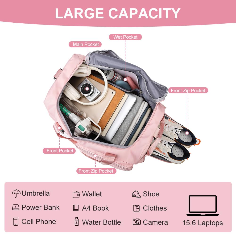 Foldable Travel Duffel With Wet and Dry Separation - Lightweight Large Capacity Holdall for Gym, Sports, Hospital, Overnight Weekend - Purple
