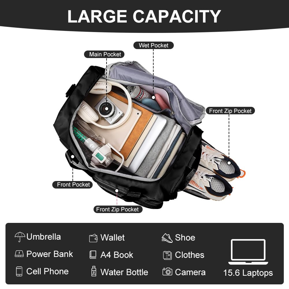 Foldable Travel Duffel With Wet and Dry Separation - Lightweight Large Capacity Holdall for Gym, Sports, Hospital, Overnight Weekend - Purple
