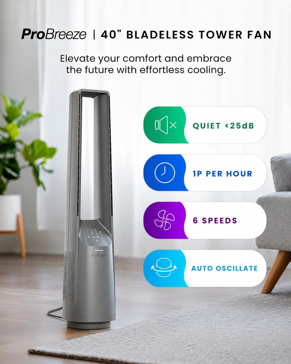 Pro Breeze® Silent Bladeless Portable Tower Fan - Ultra Quiet Standing Air Circulator with Remote Control, Timer, 6 Speeds & LED Display