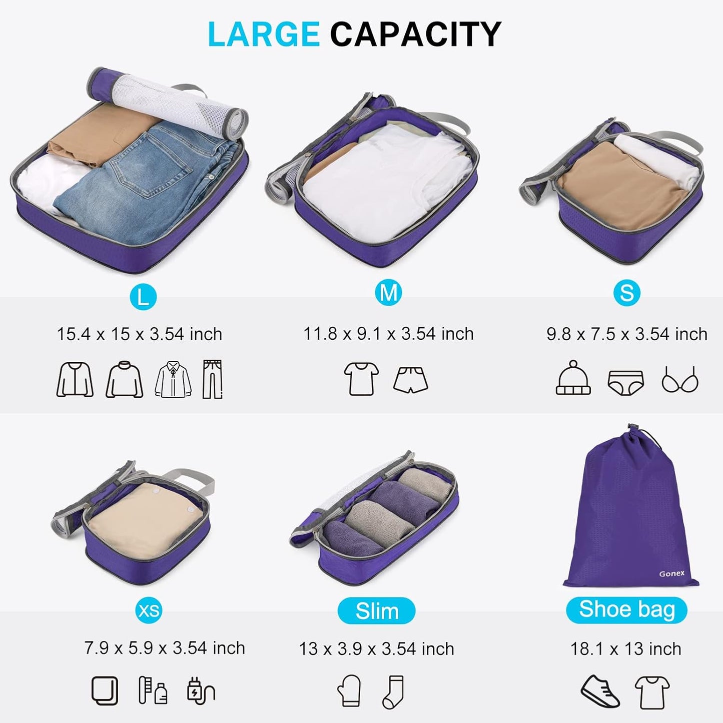Gonex Compression Packing Cubes, 6 PCS Travel Luggage Packing Organizers with Mesh Extensible Suitcase Organiser for Travel, Pink