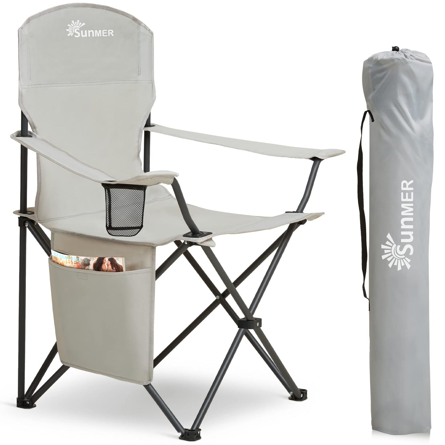 SUNMER Folding Camping Chairs - Set of 2, Extra-Wide Lightweight Outdoor Chairs with Armrests, Cup Holder and a Side Pocket - 120kg Capacity per Chair - Professional Travel & Garden Seating - Black