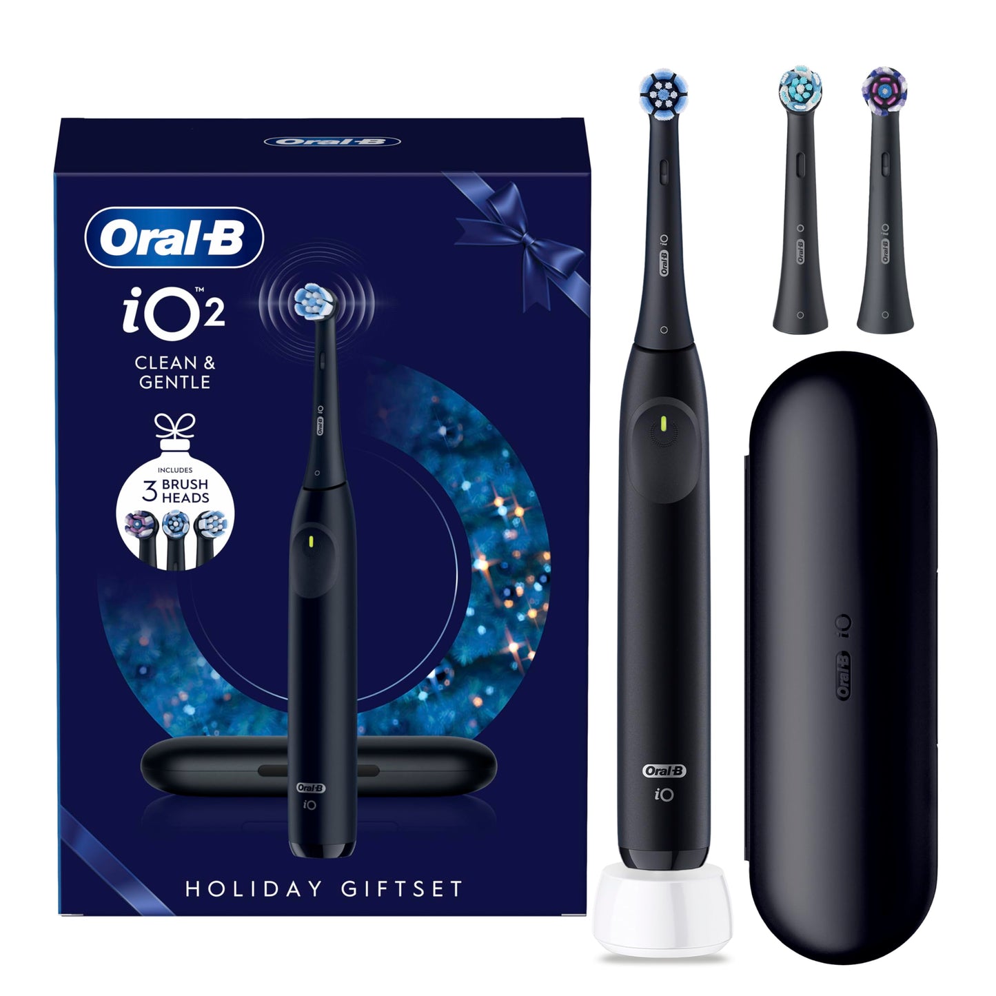 Oral-B iO2 Electric Toothbrush, Night Black - Long-Lasting Battery for Travel, Includes Gentle Care Brush Head, Travel Case and Refill Holder, Easy Switch to Electric Brushing, UK Two Pin Plug