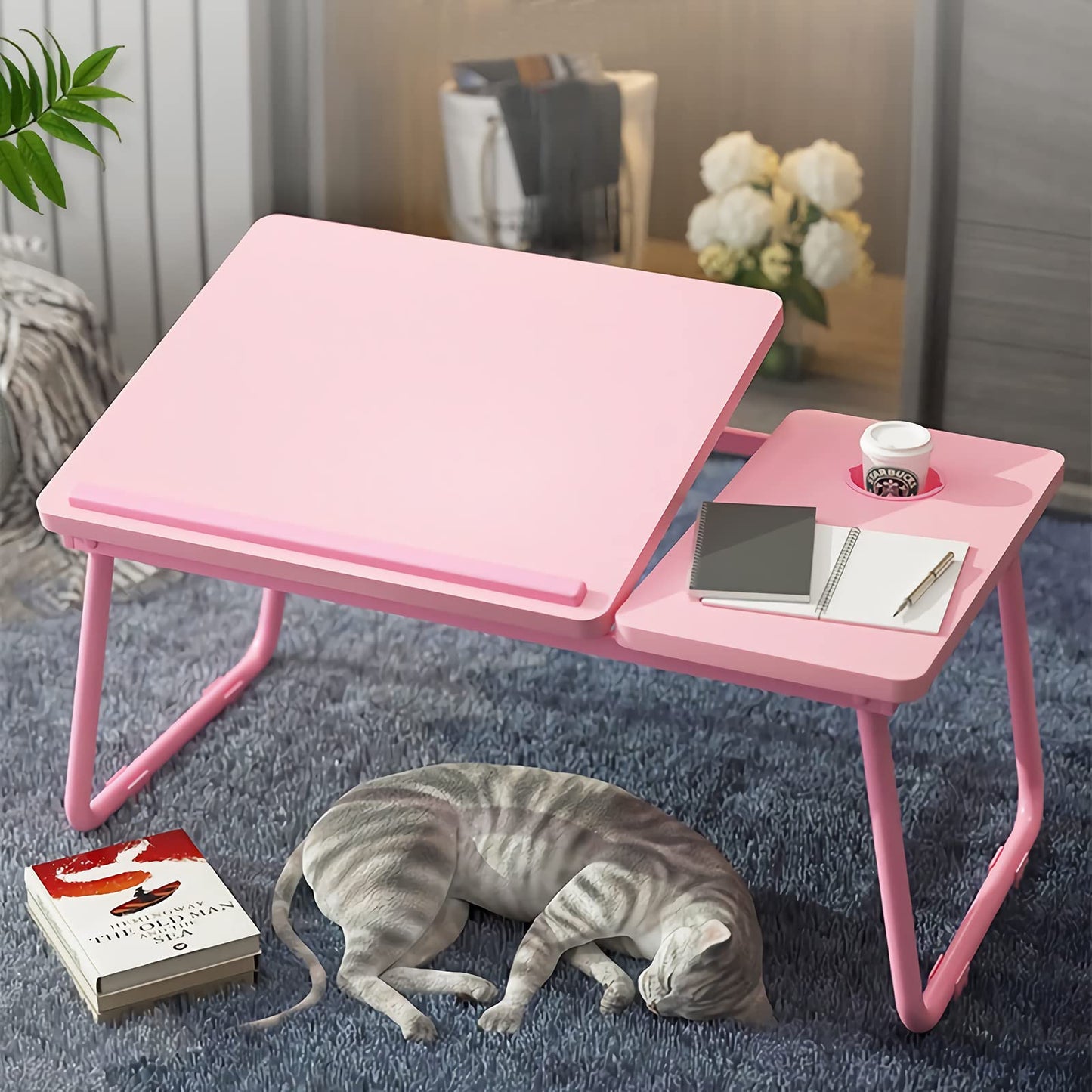 Laptop Desk, Laptop Bed Table with Foldable Legs & Cup Slot, Reading Holder Notebook Stand Breakfast Bed Tray Book Holder for Sofa, Bed, Terrace, Balcony