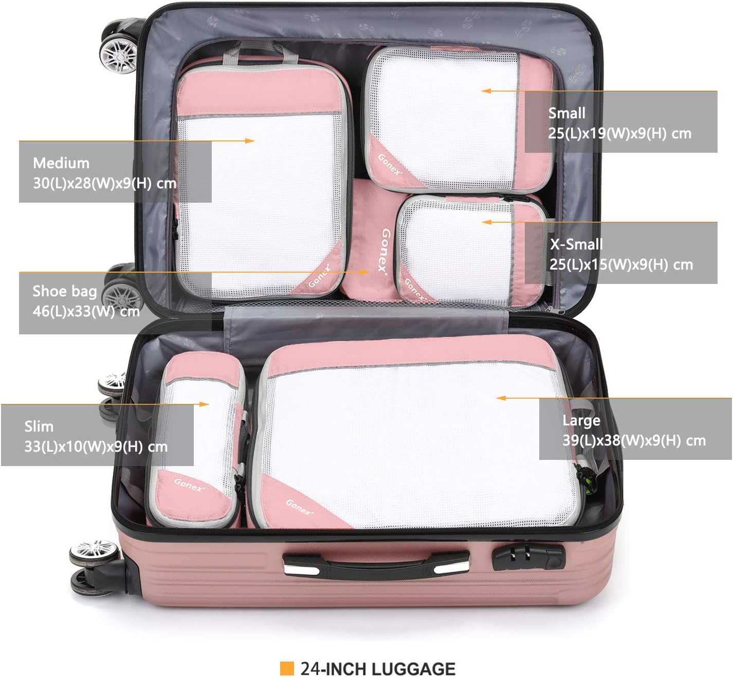 Gonex Compression Packing Cubes, 6 PCS Travel Luggage Packing Organizers with Mesh Extensible Suitcase Organiser for Travel, Pink