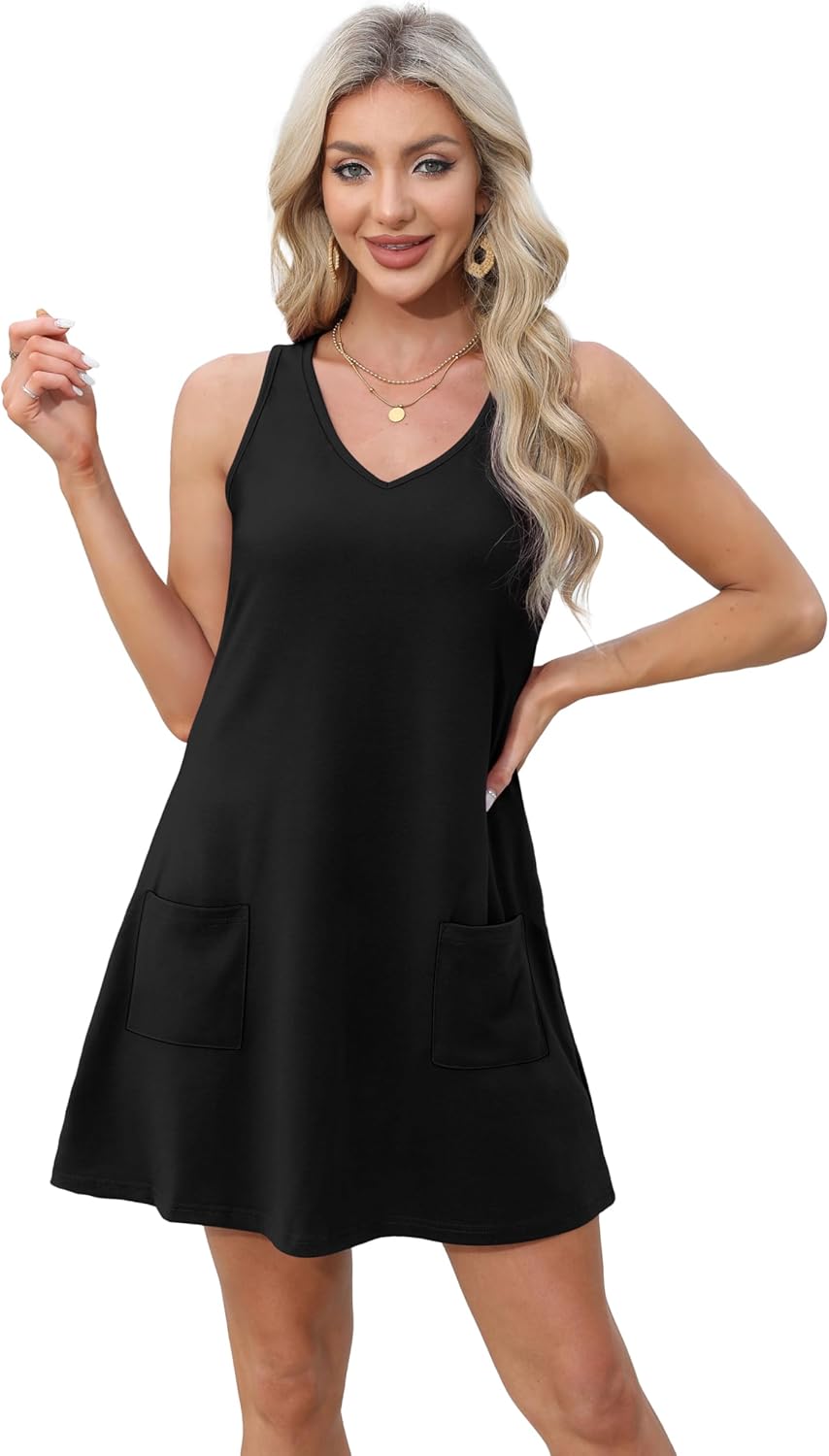 Aokosor Womens Summer Dresses 2025 Loose V Neck Sleeveless Sundress Beach Coverup with Pockets Floral/Plain/Eyelet