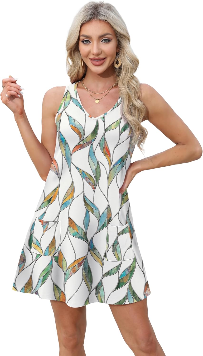 Aokosor Womens Summer Dresses 2025 Loose V Neck Sleeveless Sundress Beach Coverup with Pockets Floral/Plain/Eyelet