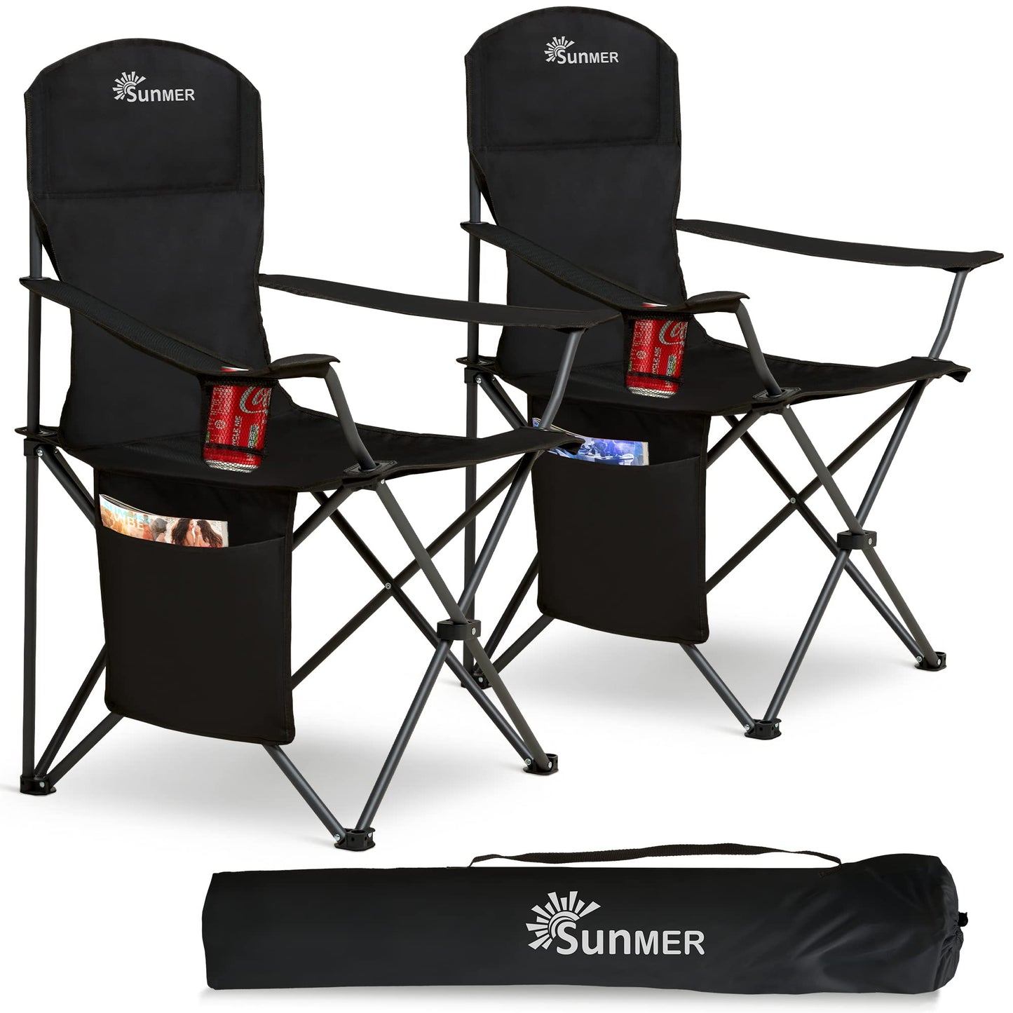 SUNMER Folding Camping Chairs - Set of 2, Extra-Wide Lightweight Outdoor Chairs with Armrests, Cup Holder and a Side Pocket - 120kg Capacity per Chair - Professional Travel & Garden Seating - Black