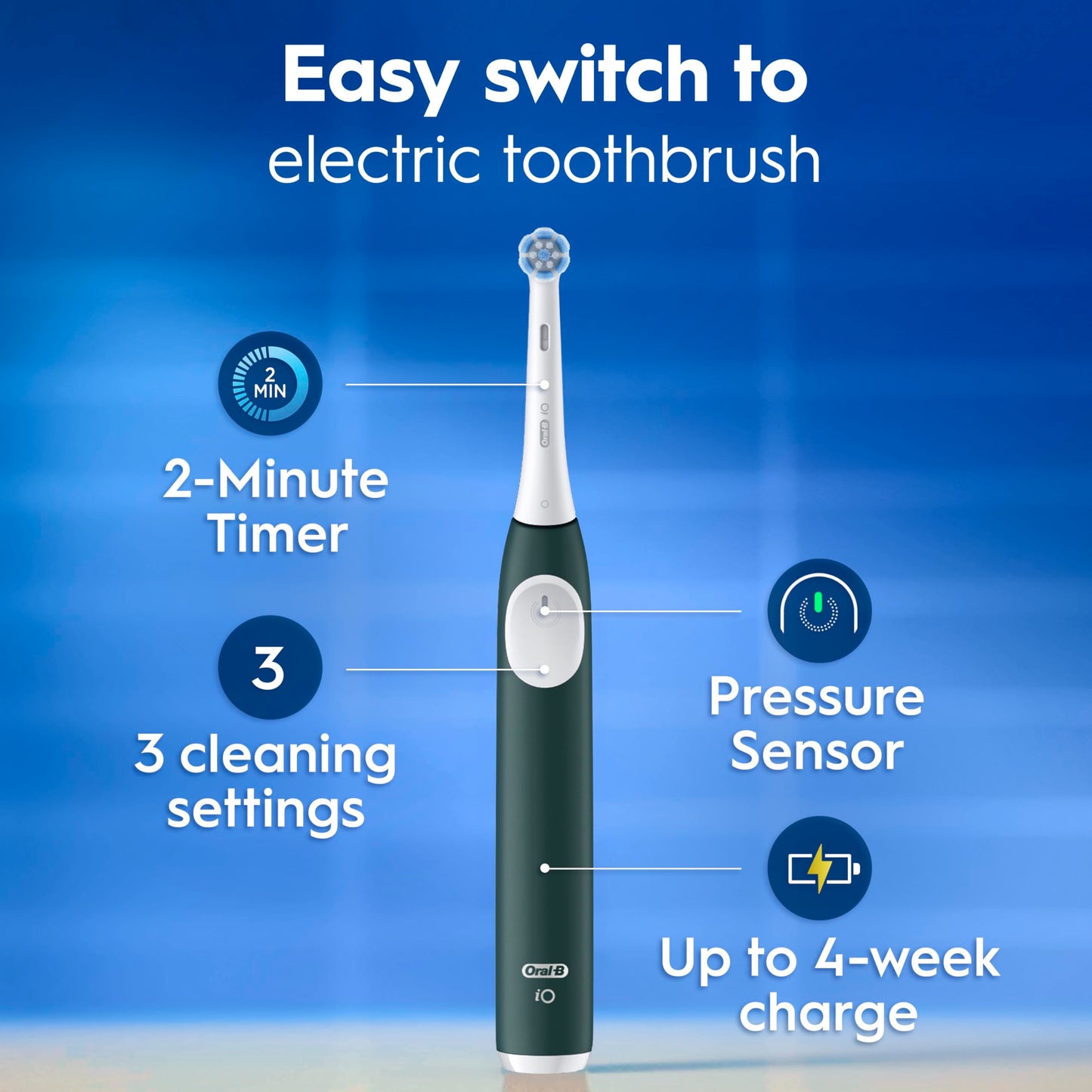 Oral-B iO2 Electric Toothbrush, Night Black - Long-Lasting Battery for Travel, Includes Gentle Care Brush Head, Travel Case and Refill Holder, Easy Switch to Electric Brushing, UK Two Pin Plug