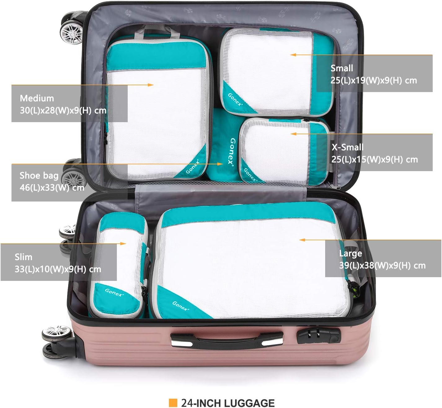 Gonex Compression Packing Cubes, 6 PCS Travel Luggage Packing Organizers with Mesh Extensible Suitcase Organiser for Travel, Pink