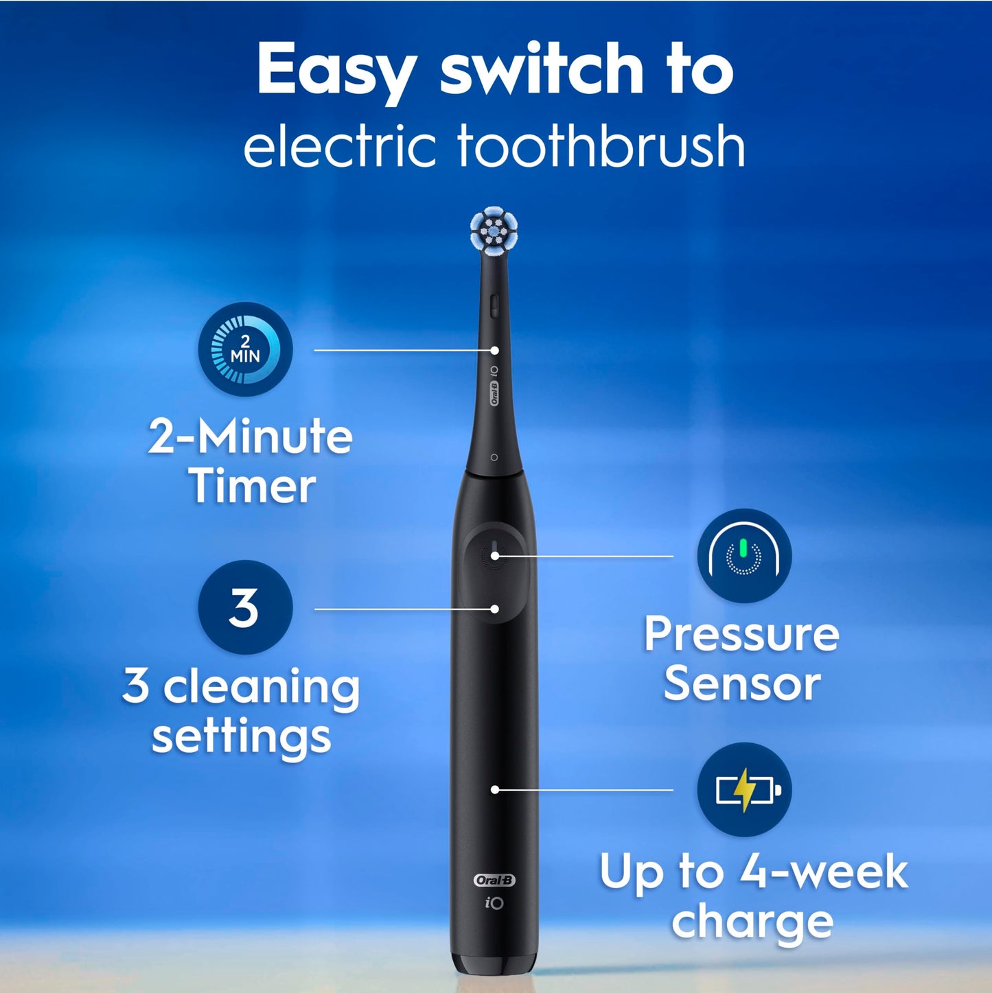 Oral-B iO2 Electric Toothbrush, Night Black - Long-Lasting Battery for Travel, Includes Gentle Care Brush Head, Travel Case and Refill Holder, Easy Switch to Electric Brushing, UK Two Pin Plug