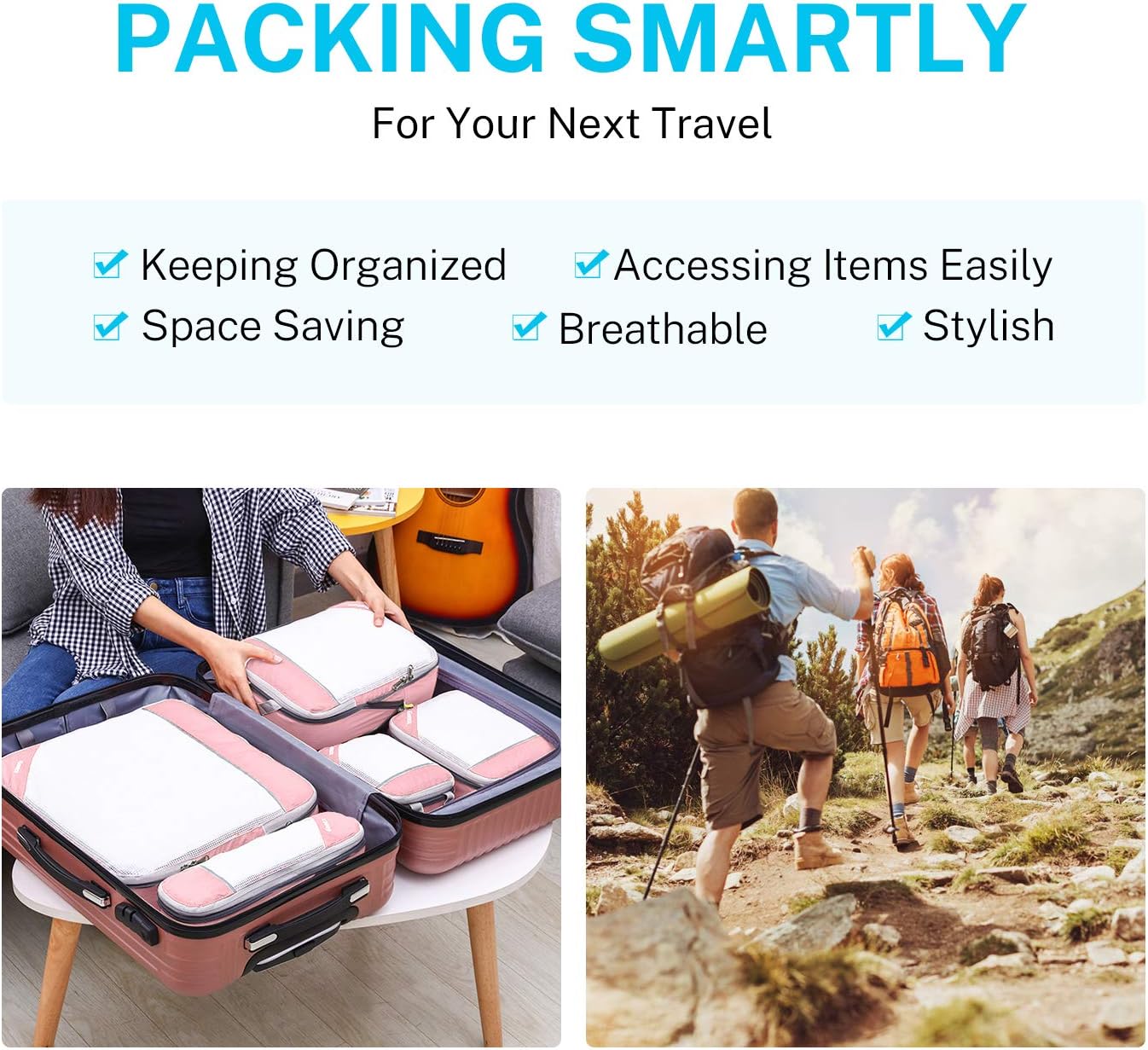 Gonex Compression Packing Cubes, 6 PCS Travel Luggage Packing Organizers with Mesh Extensible Suitcase Organiser for Travel, Pink
