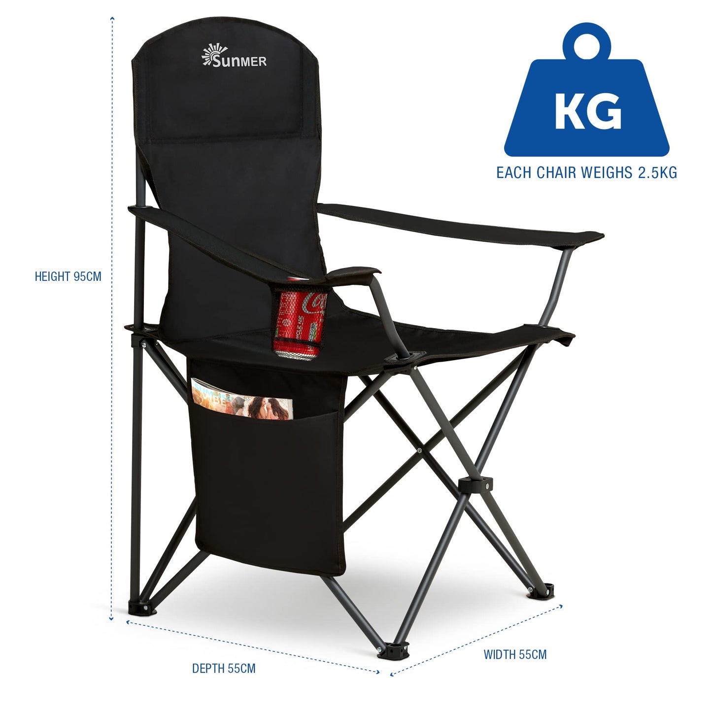 SUNMER Folding Camping Chairs - Set of 2, Extra-Wide Lightweight Outdoor Chairs with Armrests, Cup Holder and a Side Pocket - 120kg Capacity per Chair - Professional Travel & Garden Seating - Black