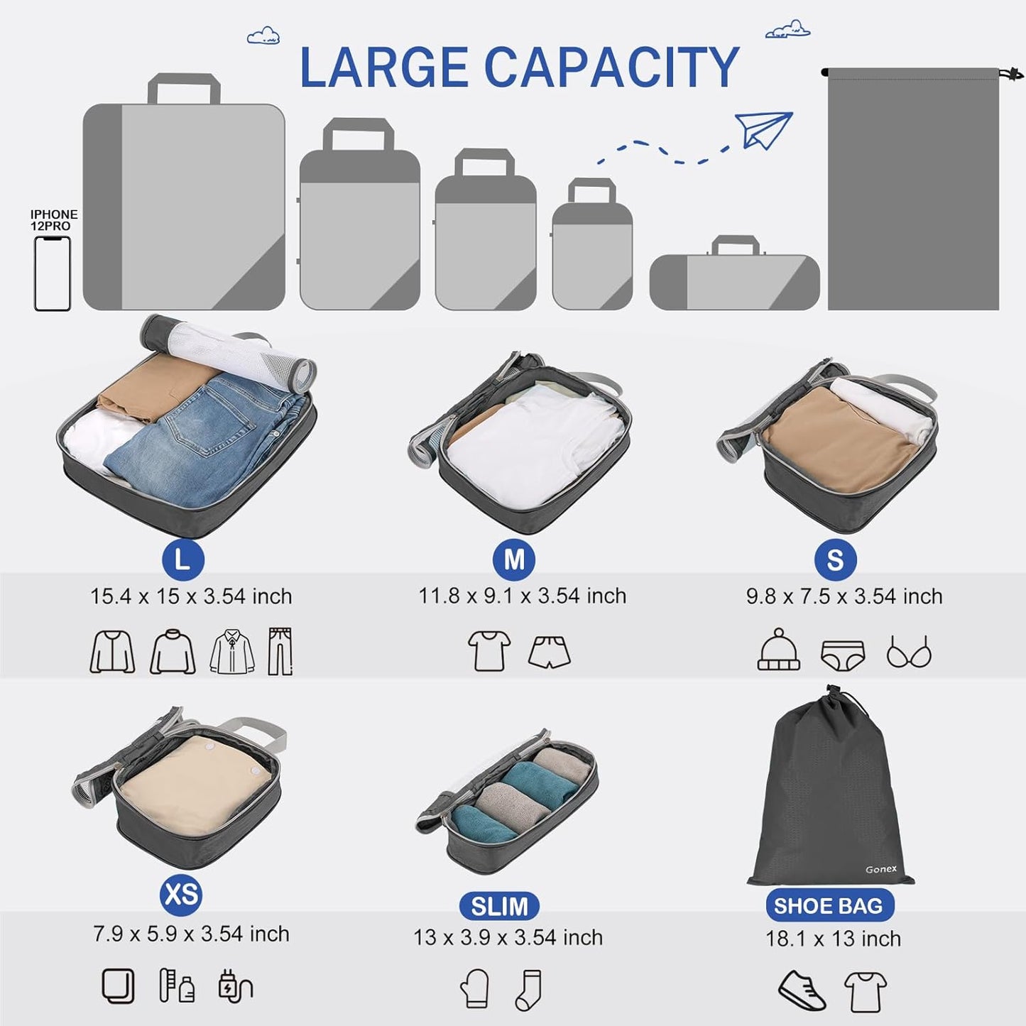 Gonex Compression Packing Cubes, 6 PCS Travel Luggage Packing Organizers with Mesh Extensible Suitcase Organiser for Travel, Pink