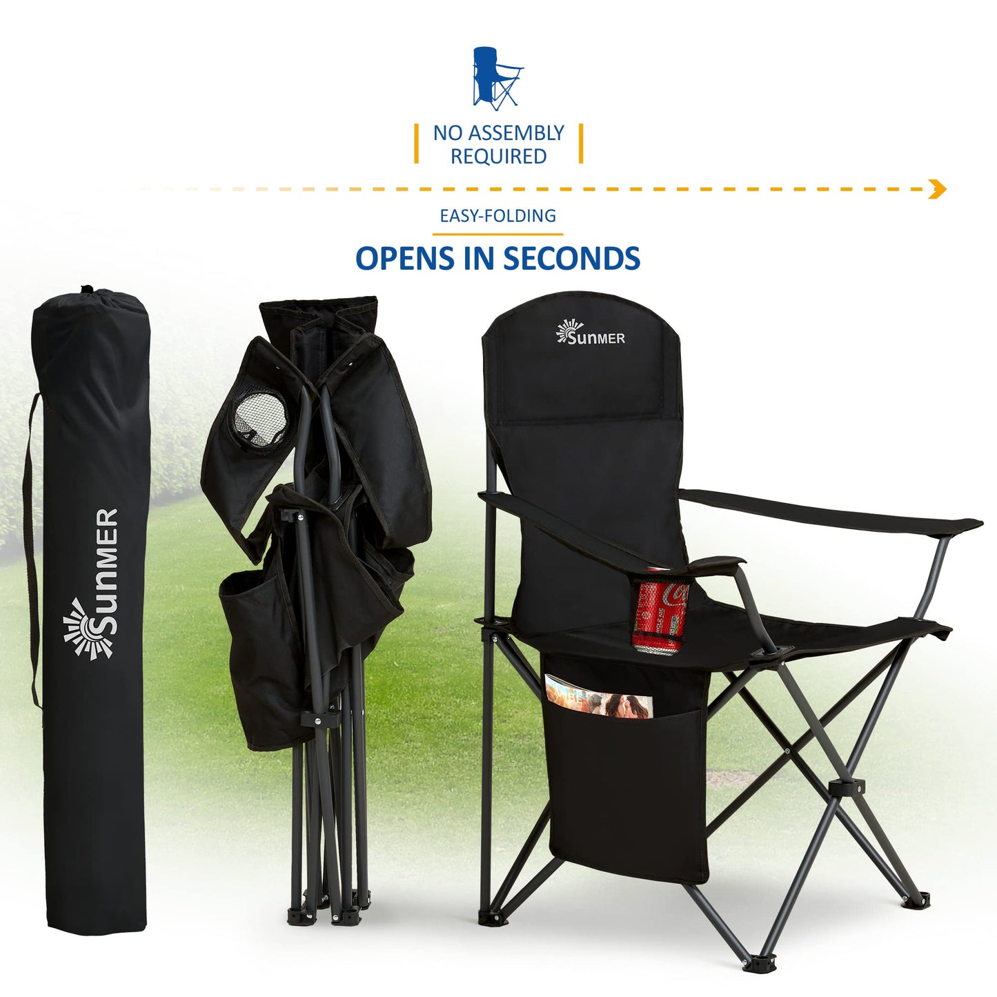SUNMER Folding Camping Chairs - Set of 2, Extra-Wide Lightweight Outdoor Chairs with Armrests, Cup Holder and a Side Pocket - 120kg Capacity per Chair - Professional Travel & Garden Seating - Black