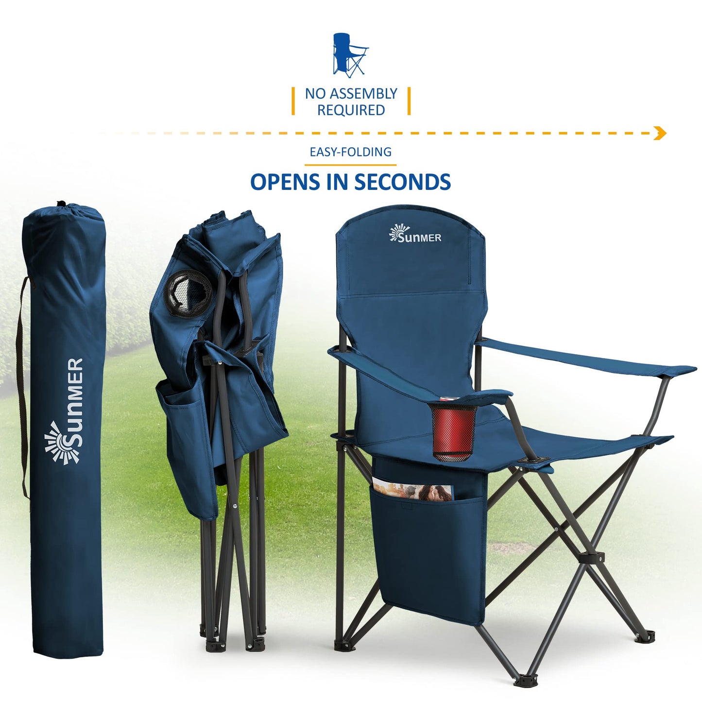 SUNMER Folding Camping Chairs - Set of 2, Extra-Wide Lightweight Outdoor Chairs with Armrests, Cup Holder and a Side Pocket - 120kg Capacity per Chair - Professional Travel & Garden Seating - Black