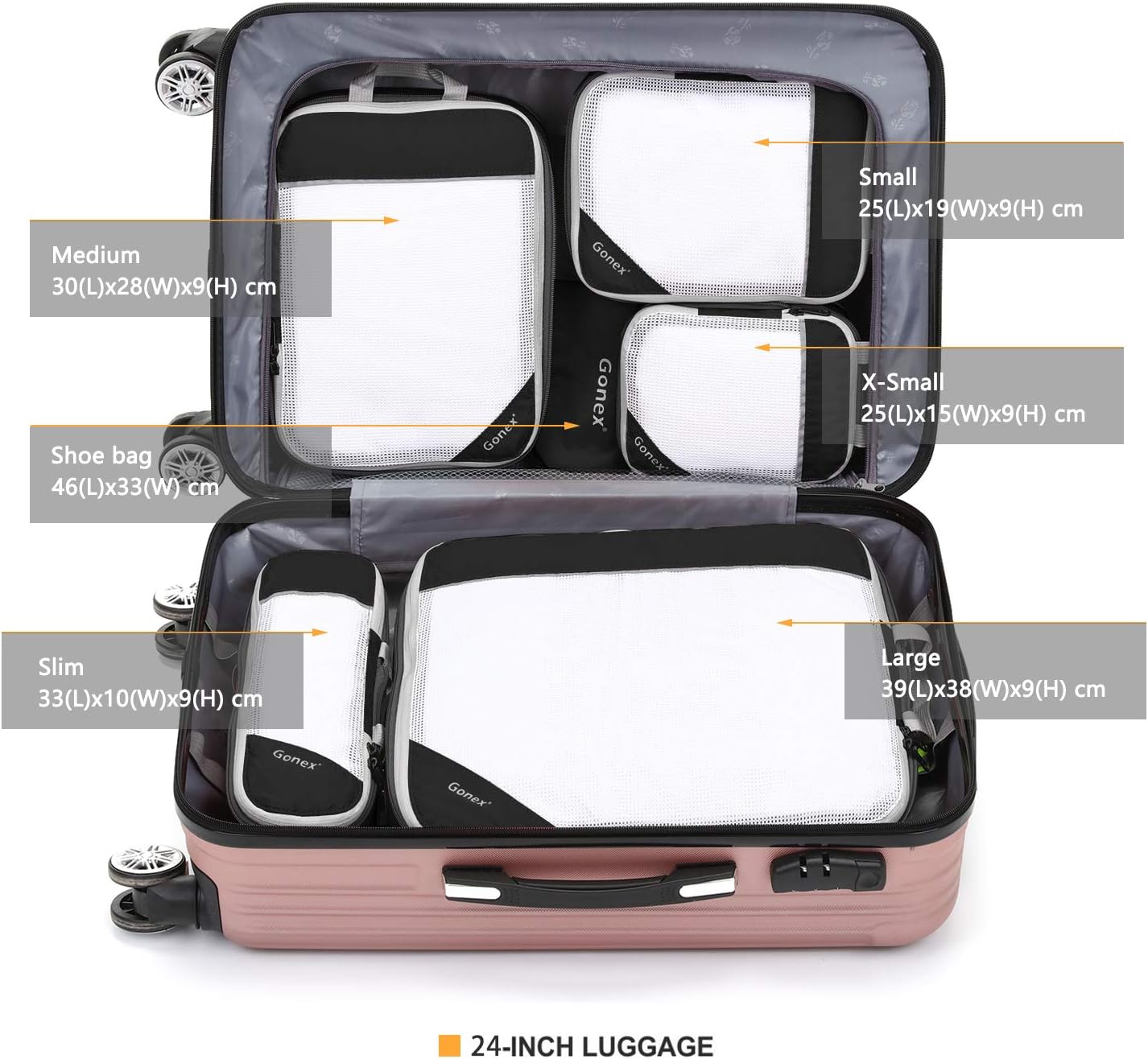 Gonex Compression Packing Cubes, 6 PCS Travel Luggage Packing Organizers with Mesh Extensible Suitcase Organiser for Travel, Pink