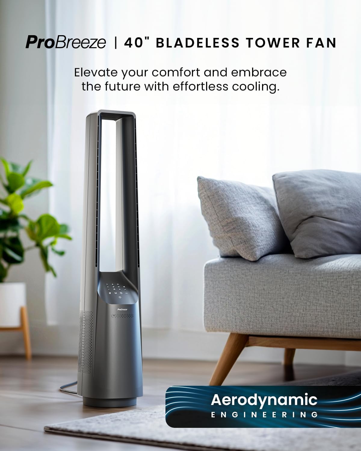 Pro Breeze® Silent Bladeless Portable Tower Fan - Ultra Quiet Standing Air Circulator with Remote Control, Timer, 6 Speeds & LED Display