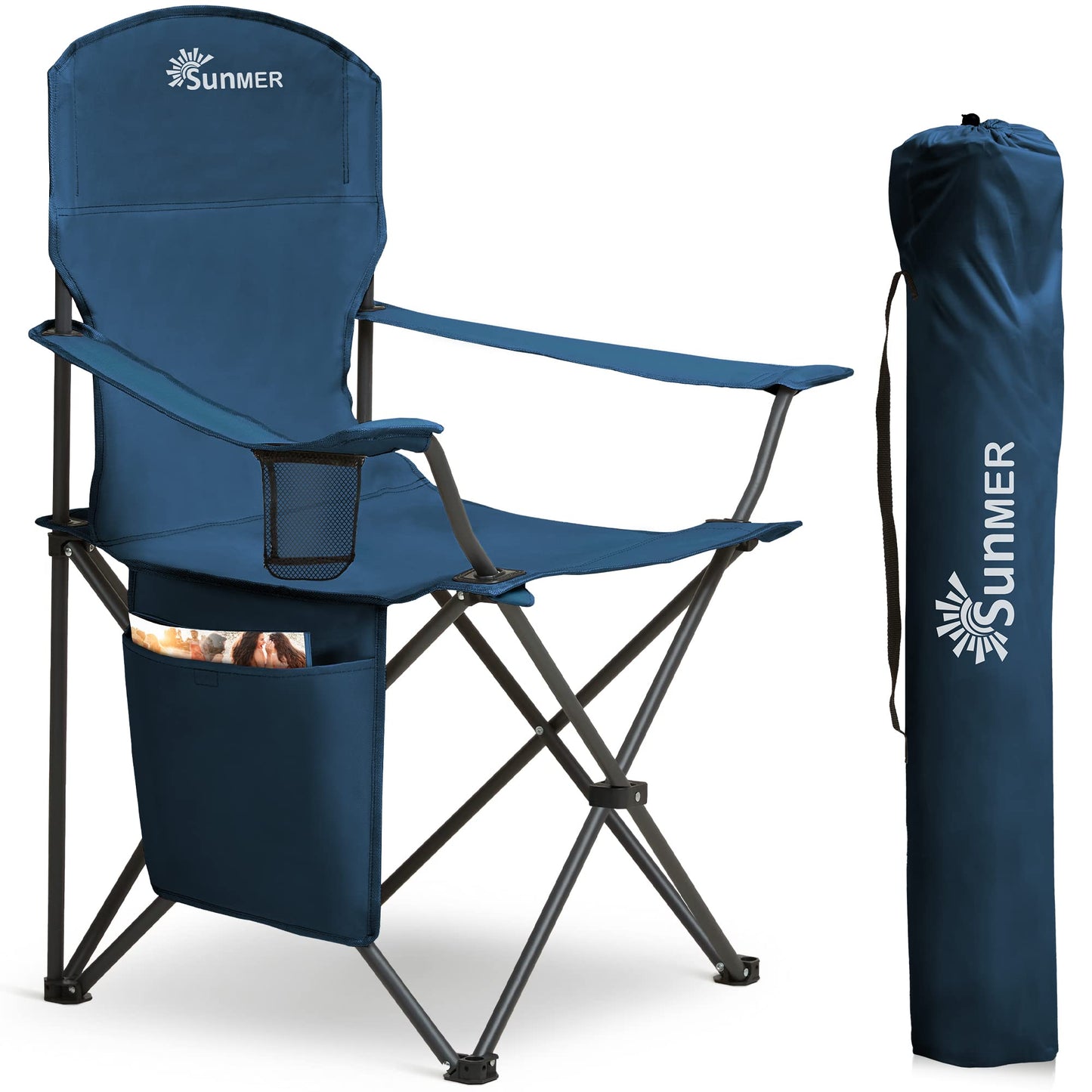 SUNMER Folding Camping Chairs - Set of 2, Extra-Wide Lightweight Outdoor Chairs with Armrests, Cup Holder and a Side Pocket - 120kg Capacity per Chair - Professional Travel & Garden Seating - Black