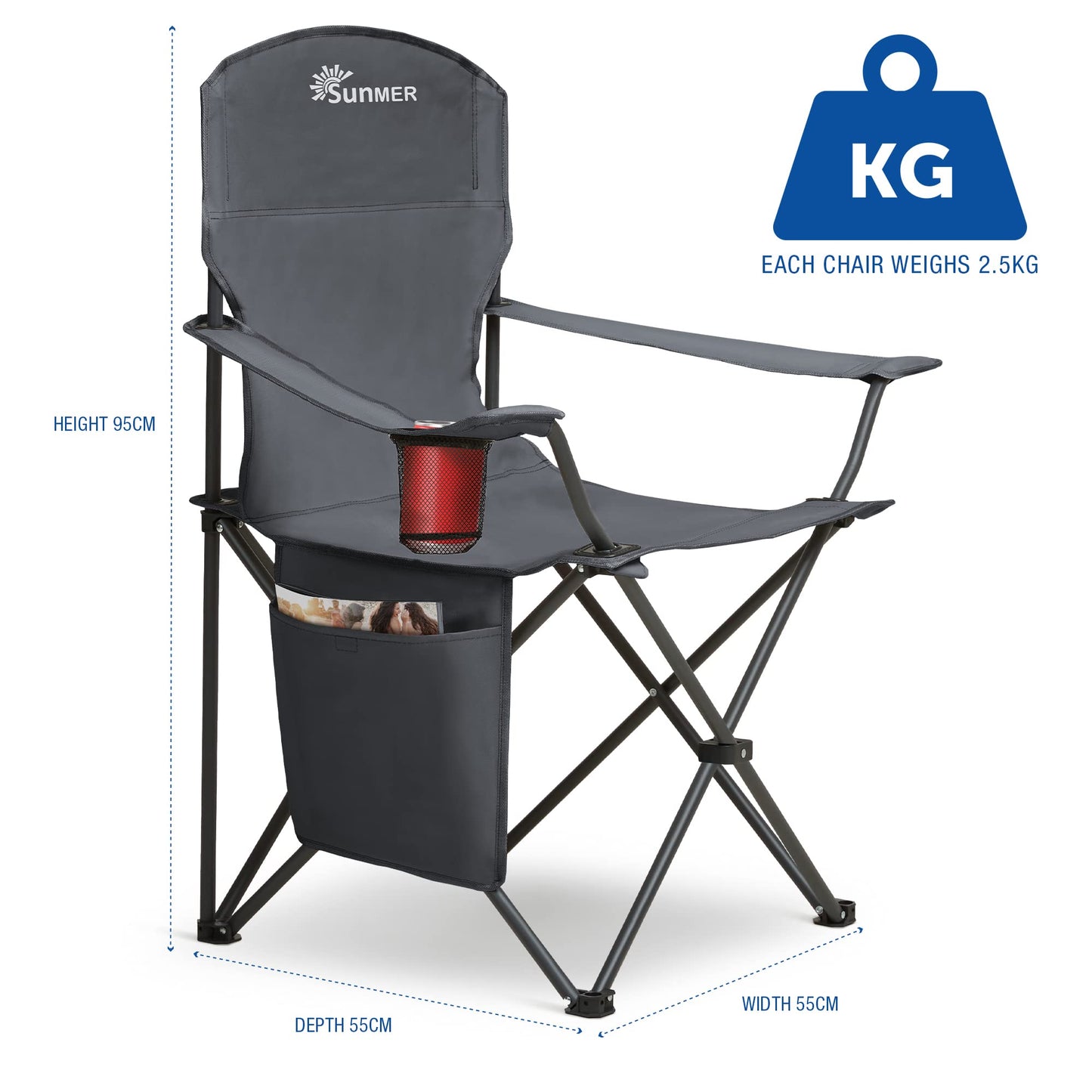 SUNMER Folding Camping Chairs - Set of 2, Extra-Wide Lightweight Outdoor Chairs with Armrests, Cup Holder and a Side Pocket - 120kg Capacity per Chair - Professional Travel & Garden Seating - Black