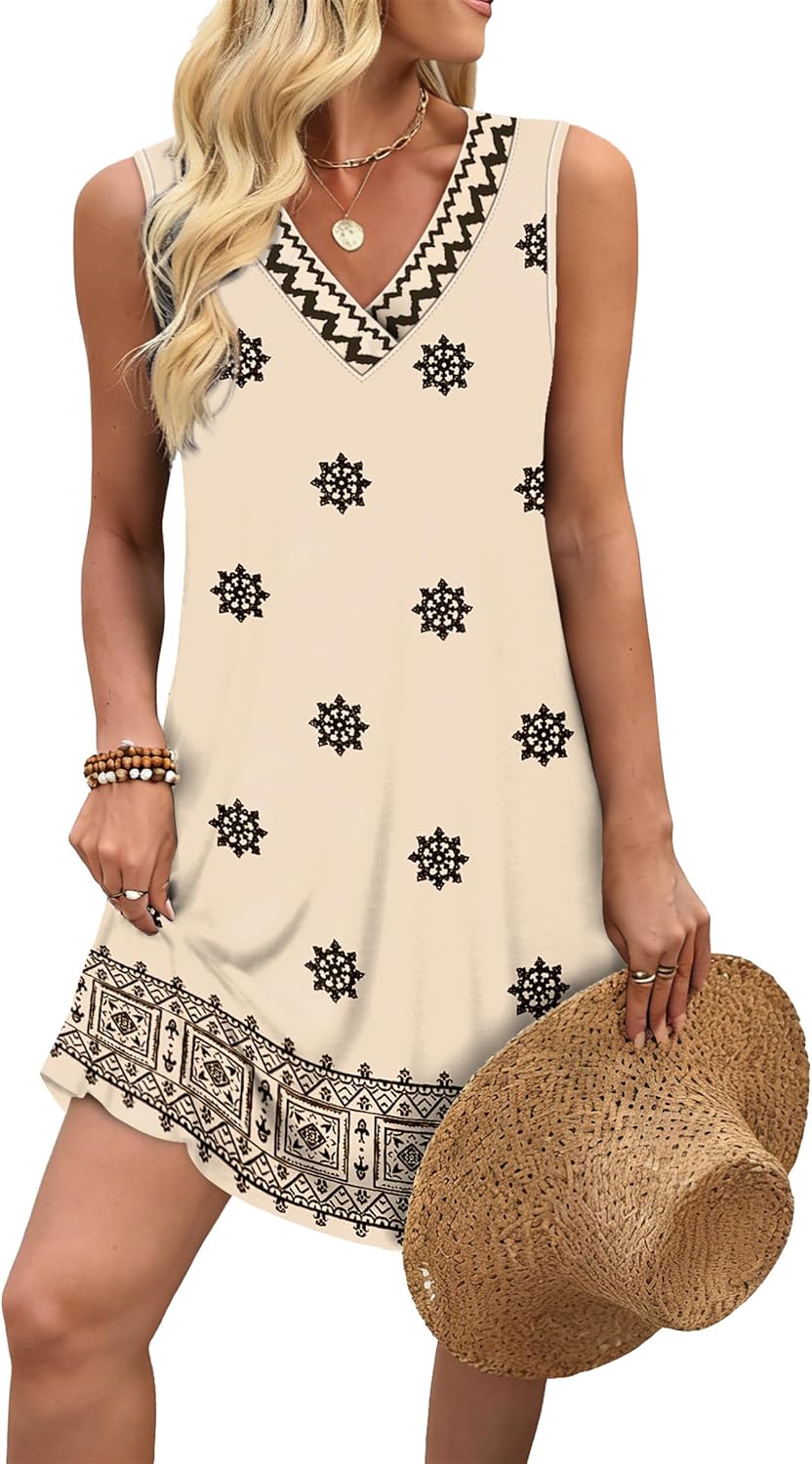 Aokosor Womens Summer Dresses 2025 Loose V Neck Sleeveless Sundress Beach Coverup with Pockets Floral/Plain/Eyelet