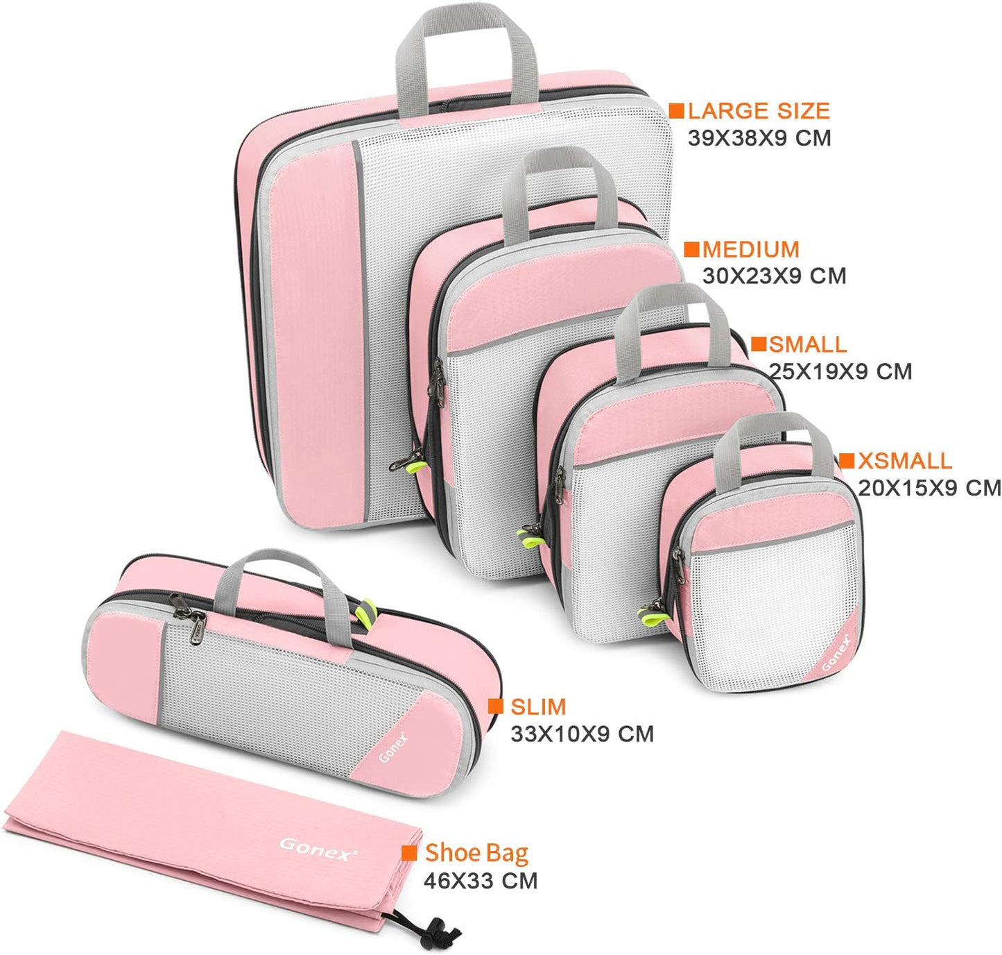 Gonex Compression Packing Cubes, 6 PCS Travel Luggage Packing Organizers with Mesh Extensible Suitcase Organiser for Travel, Pink