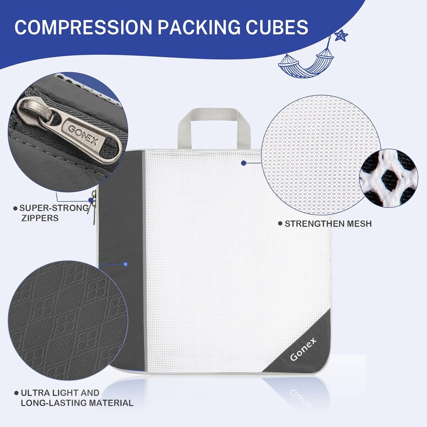 Gonex Compression Packing Cubes, 6 PCS Travel Luggage Packing Organizers with Mesh Extensible Suitcase Organiser for Travel, Pink