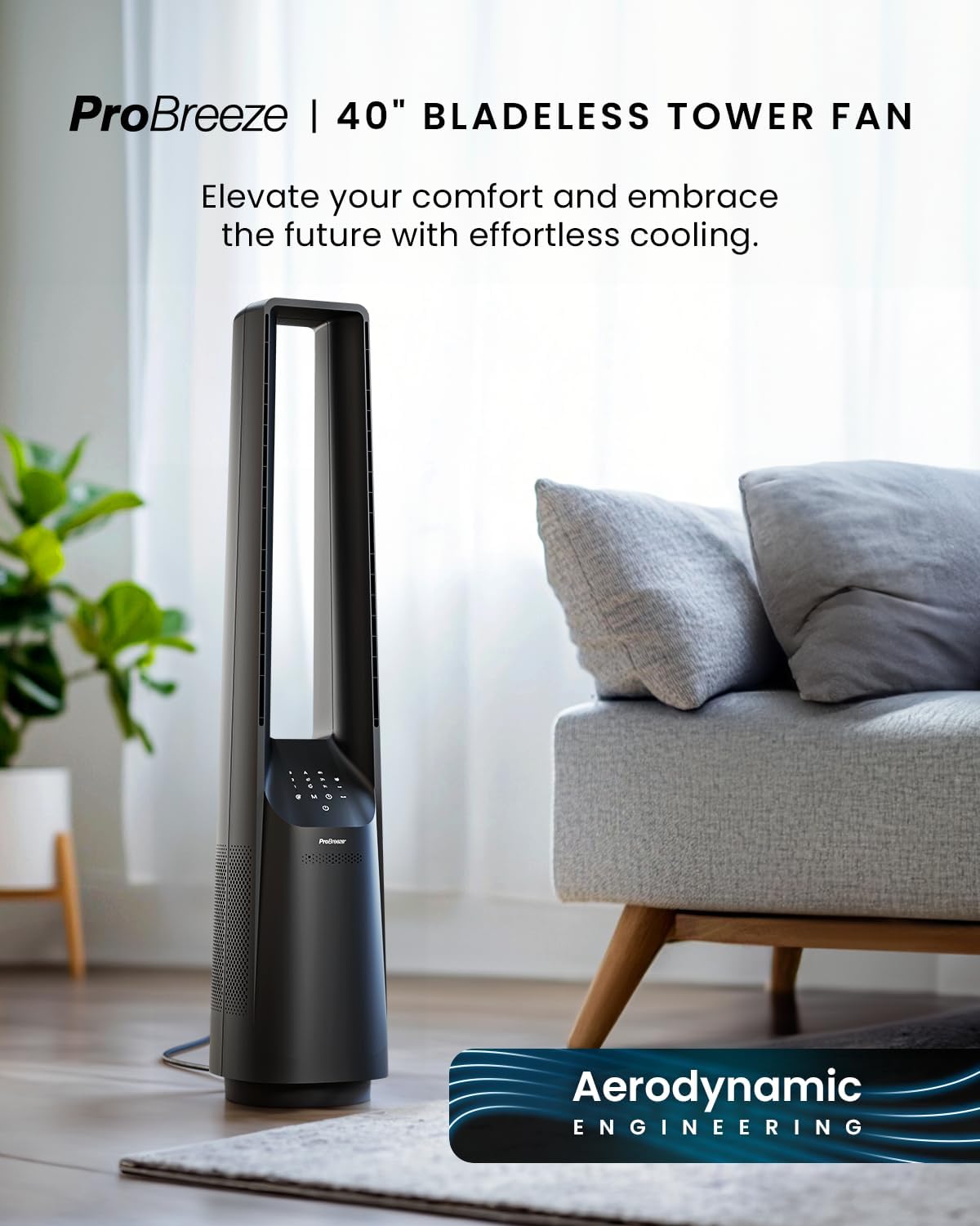 Pro Breeze® Silent Bladeless Portable Tower Fan - Ultra Quiet Standing Air Circulator with Remote Control, Timer, 6 Speeds & LED Display