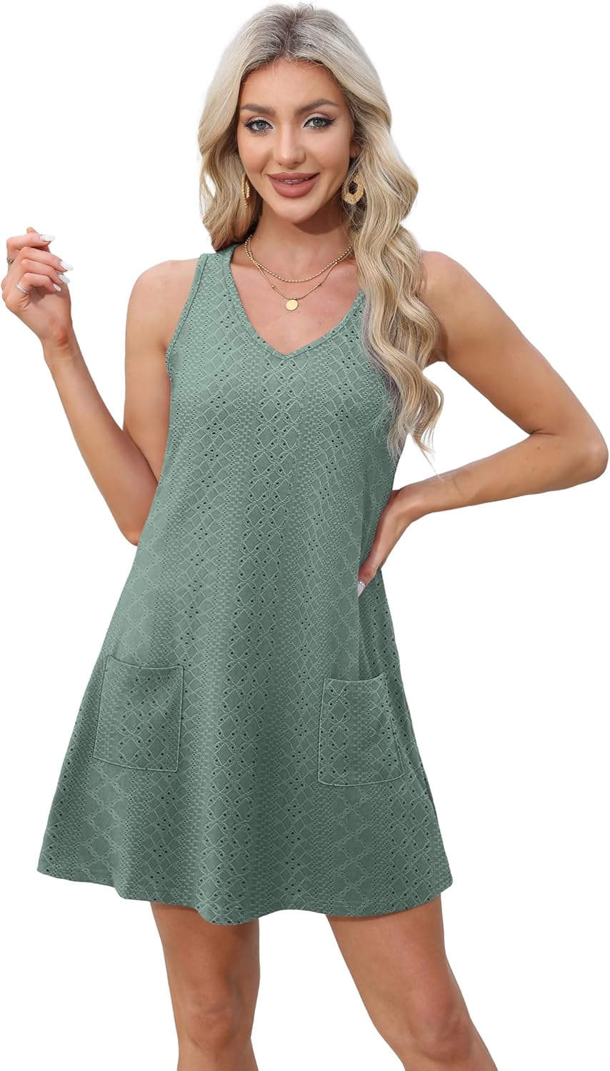 Aokosor Womens Summer Dresses 2025 Loose V Neck Sleeveless Sundress Beach Coverup with Pockets Floral/Plain/Eyelet