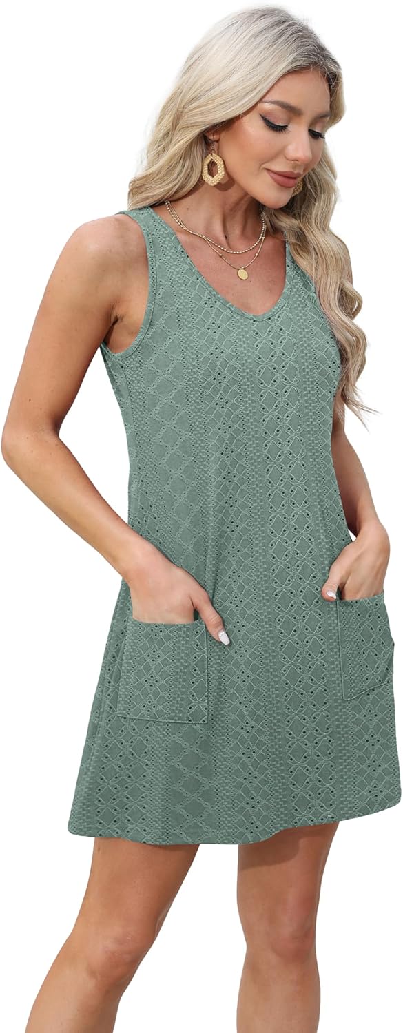 Aokosor Womens Summer Dresses 2025 Loose V Neck Sleeveless Sundress Beach Coverup with Pockets Floral/Plain/Eyelet