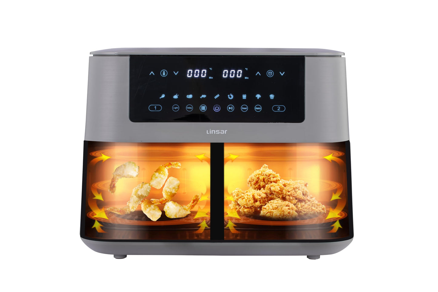 Linsar - Dual Zone Air Fryer - with Double Chamber - 8L Air Fryer 2 Baskets - with Viewing Window - Touch Screen - 9 Presets - Sync Ready Technology (Grey)