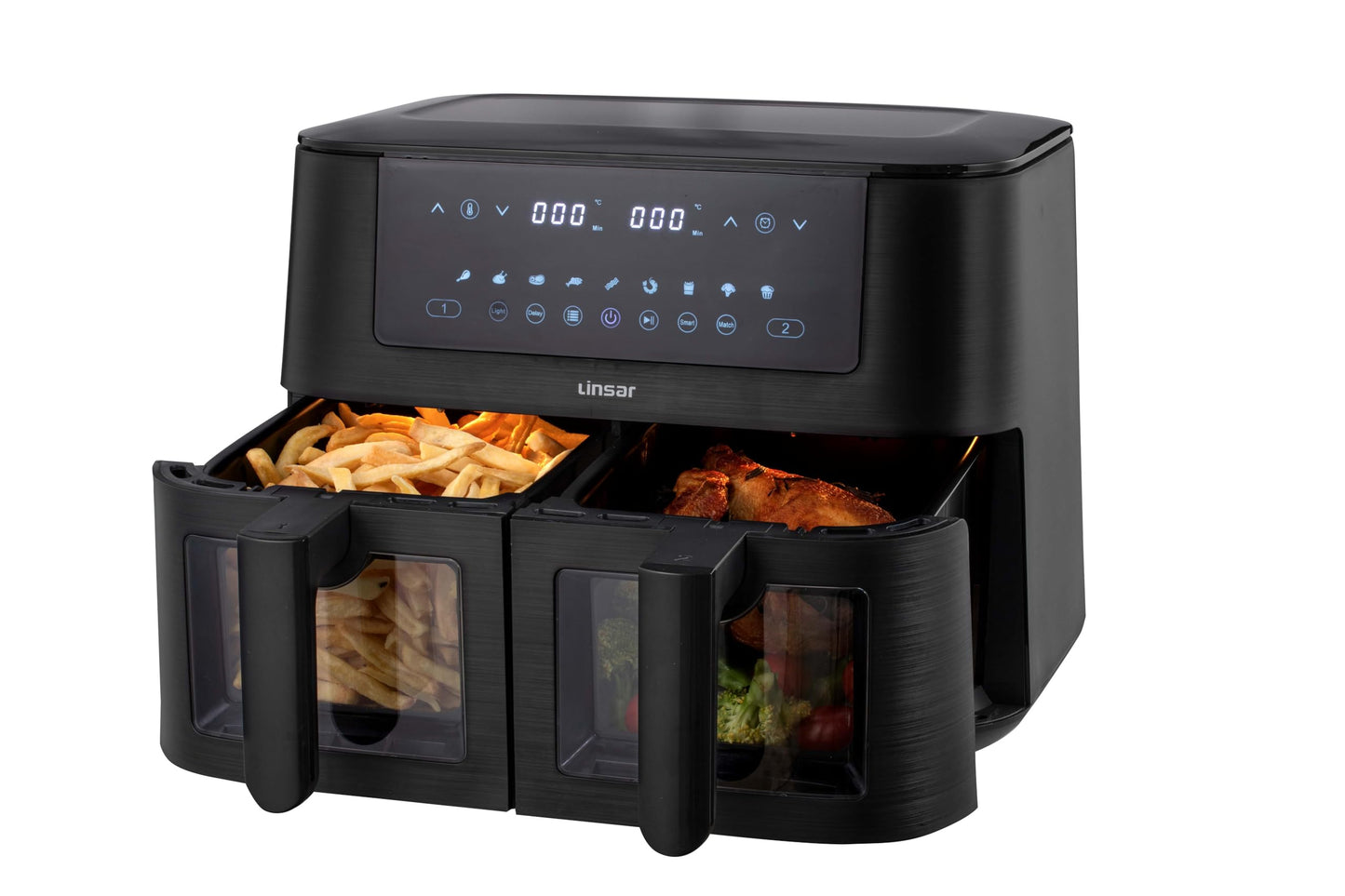 Linsar - Dual Zone Air Fryer - with Double Chamber - 8L Air Fryer 2 Baskets - with Viewing Window - Touch Screen - 9 Presets - Sync Ready Technology (Grey)