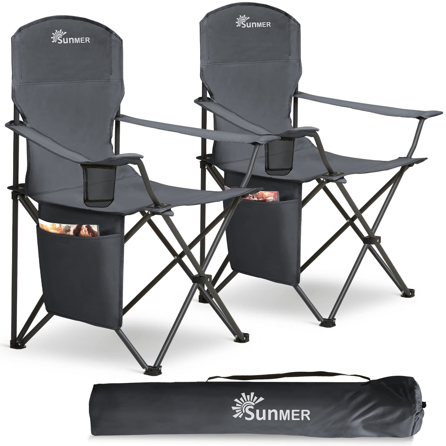 SUNMER Folding Camping Chairs - Set of 2, Extra-Wide Lightweight Outdoor Chairs with Armrests, Cup Holder and a Side Pocket - 120kg Capacity per Chair - Professional Travel & Garden Seating - Black