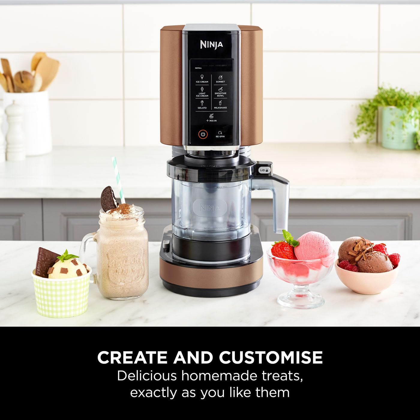 Ninja CREAMi Ice Cream Maker & Frozen Dessert Maker with 3 Tubs, 7 Programs, Makes Ice Cream, Gelato, Sorbet, Smoothie Bowl, Milkshakes and more, Black/Silver, Makes 1.4L of Ice Cream, NC300UK