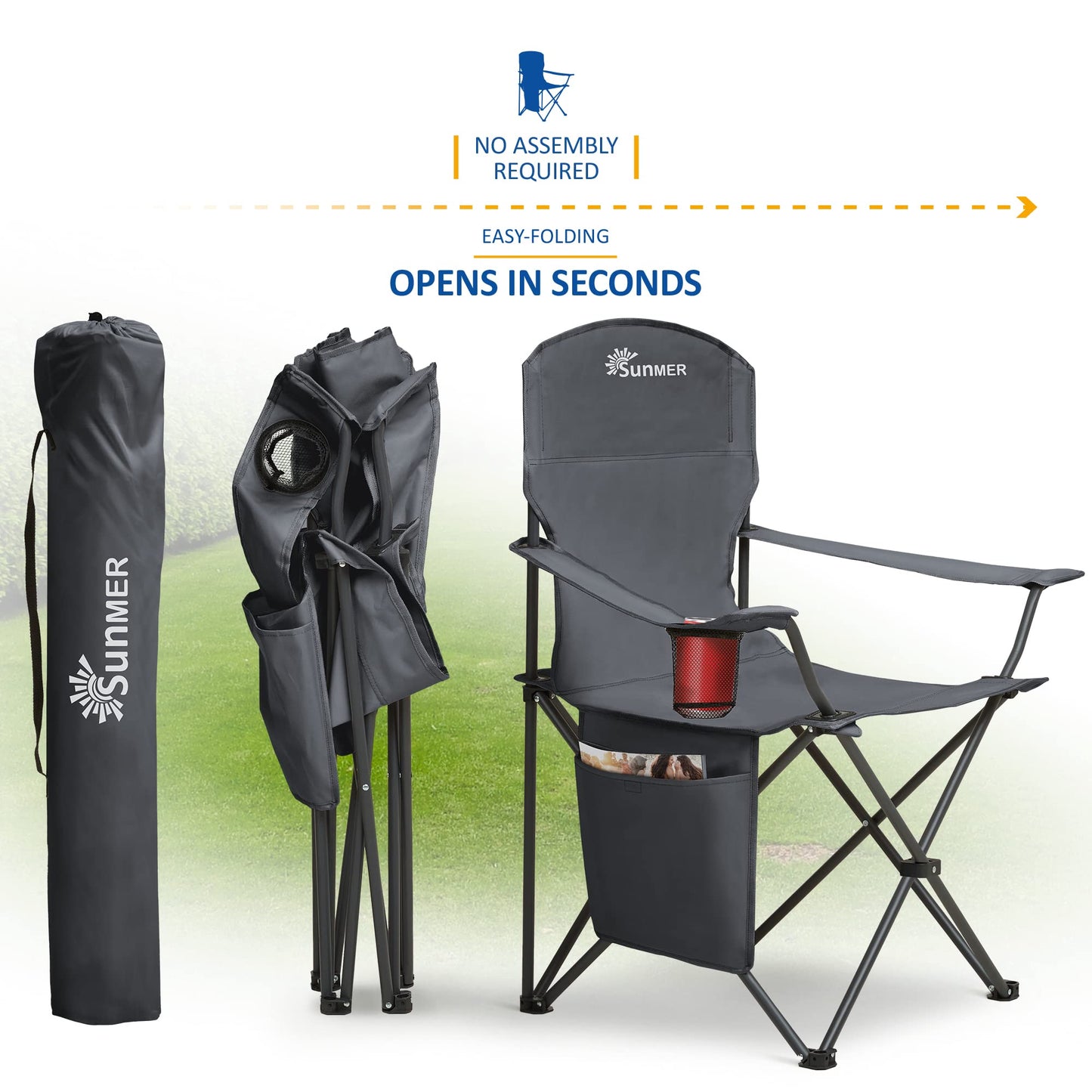 SUNMER Folding Camping Chairs - Set of 2, Extra-Wide Lightweight Outdoor Chairs with Armrests, Cup Holder and a Side Pocket - 120kg Capacity per Chair - Professional Travel & Garden Seating - Black