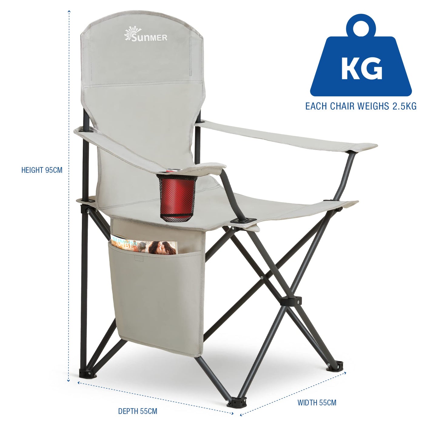 SUNMER Folding Camping Chairs - Set of 2, Extra-Wide Lightweight Outdoor Chairs with Armrests, Cup Holder and a Side Pocket - 120kg Capacity per Chair - Professional Travel & Garden Seating - Black