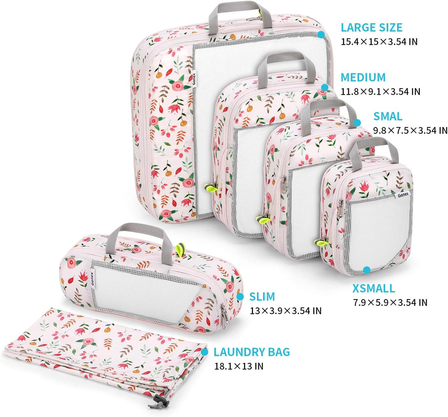 Gonex Compression Packing Cubes, 6 PCS Travel Luggage Packing Organizers with Mesh Extensible Suitcase Organiser for Travel, Pink