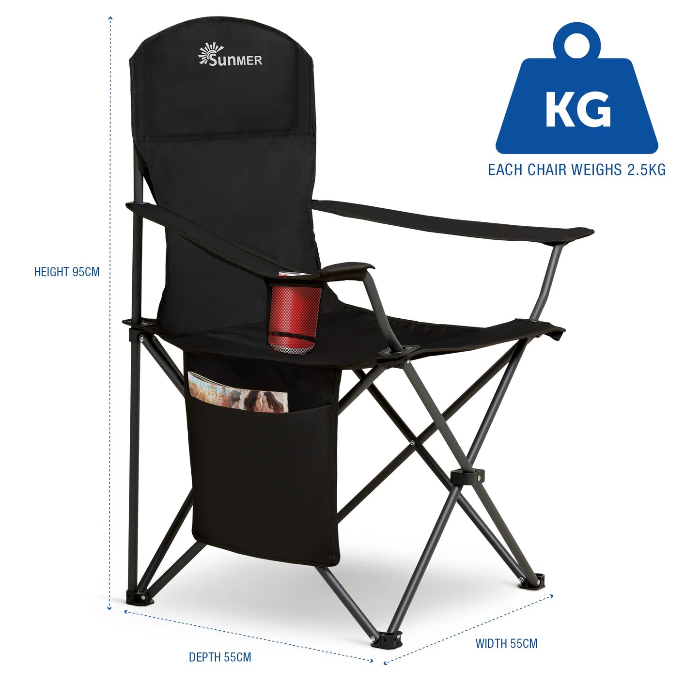 SUNMER Folding Camping Chairs - Set of 2, Extra-Wide Lightweight Outdoor Chairs with Armrests, Cup Holder and a Side Pocket - 120kg Capacity per Chair - Professional Travel & Garden Seating - Black