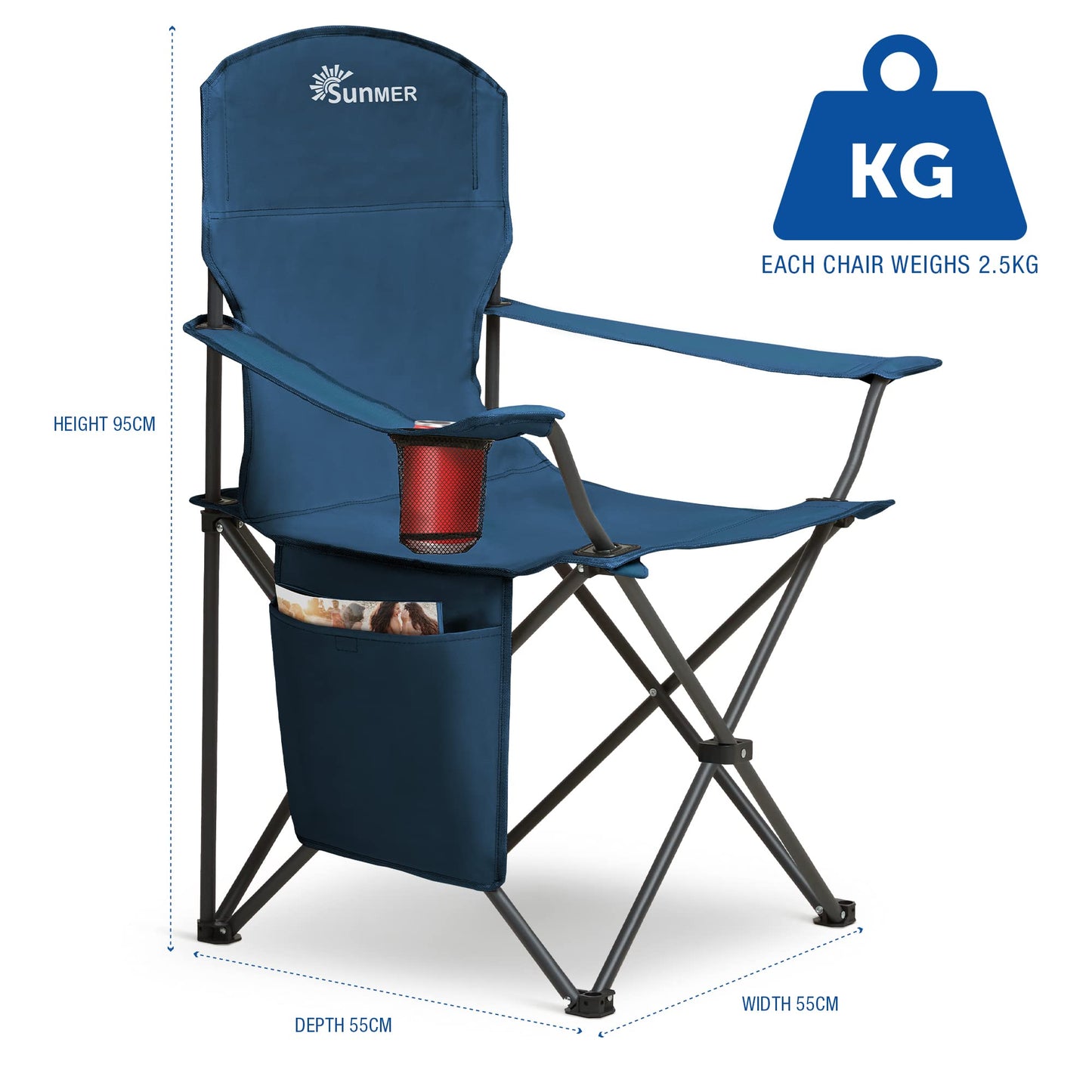 SUNMER Folding Camping Chairs - Set of 2, Extra-Wide Lightweight Outdoor Chairs with Armrests, Cup Holder and a Side Pocket - 120kg Capacity per Chair - Professional Travel & Garden Seating - Black