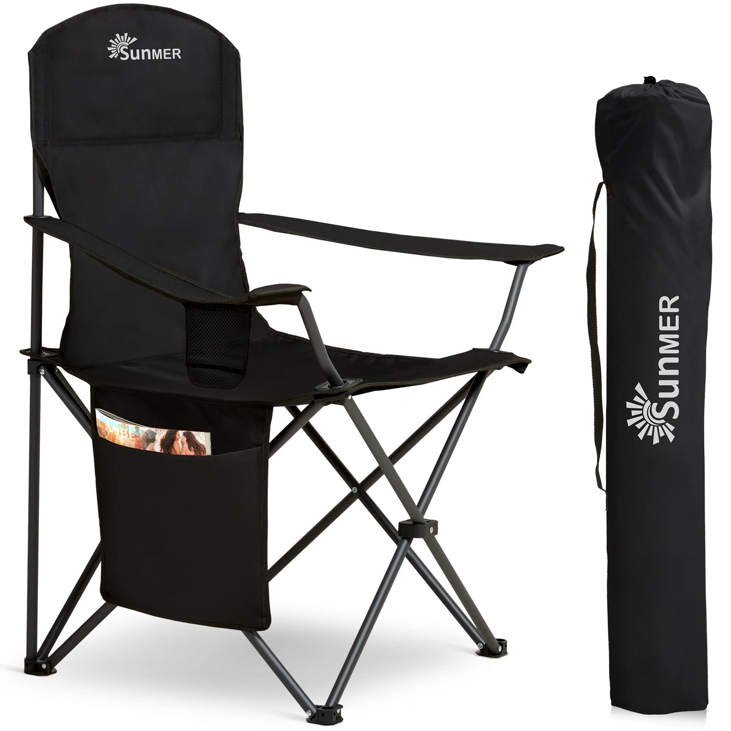 SUNMER Folding Camping Chairs - Set of 2, Extra-Wide Lightweight Outdoor Chairs with Armrests, Cup Holder and a Side Pocket - 120kg Capacity per Chair - Professional Travel & Garden Seating - Black