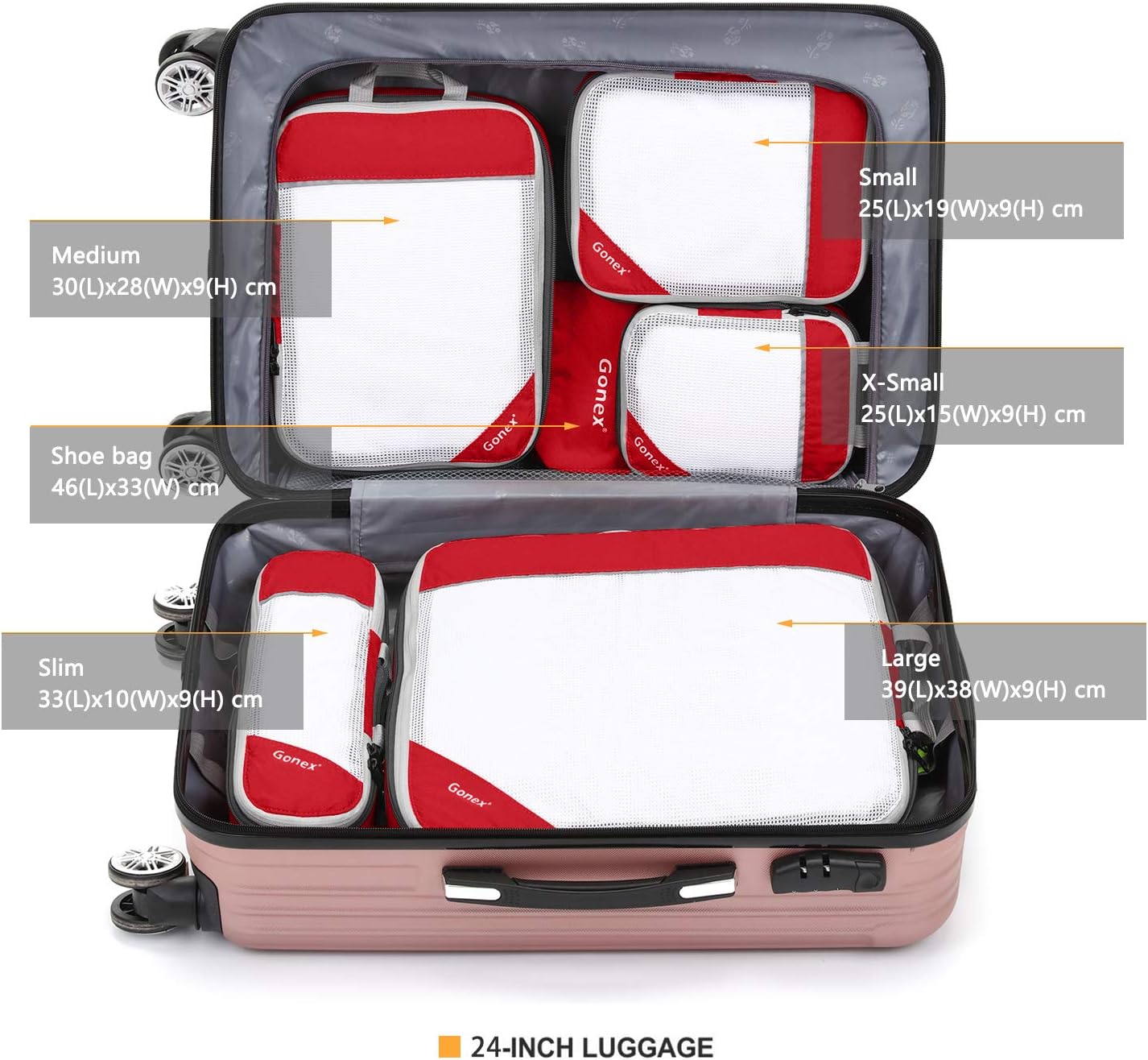 Gonex Compression Packing Cubes, 6 PCS Travel Luggage Packing Organizers with Mesh Extensible Suitcase Organiser for Travel, Pink