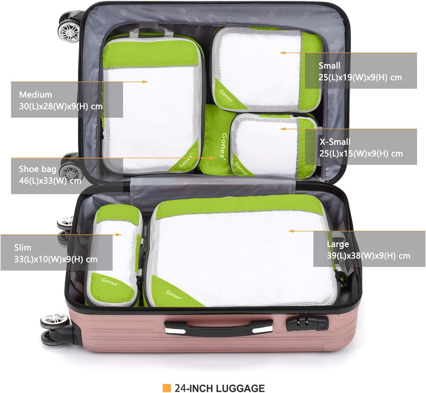Gonex Compression Packing Cubes, 6 PCS Travel Luggage Packing Organizers with Mesh Extensible Suitcase Organiser for Travel, Pink