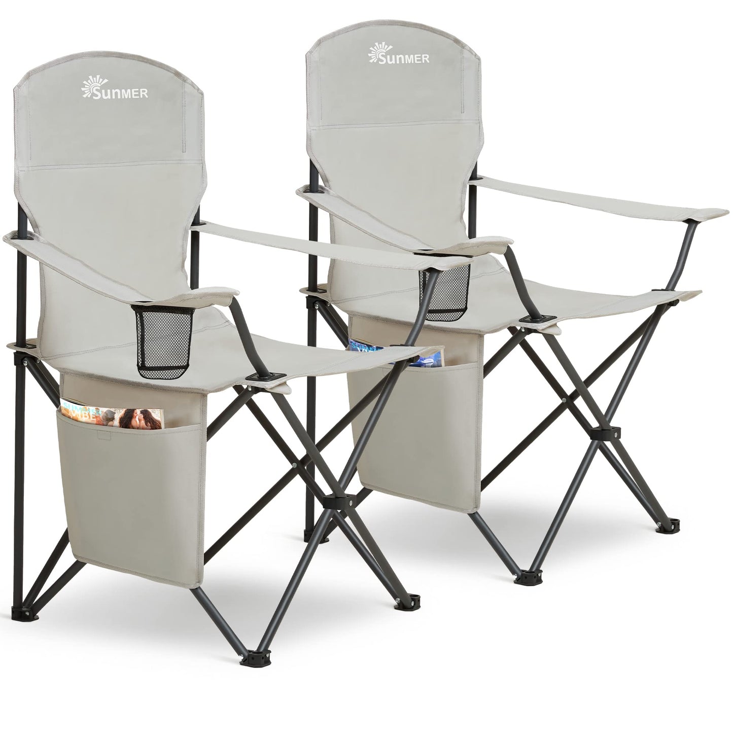 SUNMER Folding Camping Chairs - Set of 2, Extra-Wide Lightweight Outdoor Chairs with Armrests, Cup Holder and a Side Pocket - 120kg Capacity per Chair - Professional Travel & Garden Seating - Black