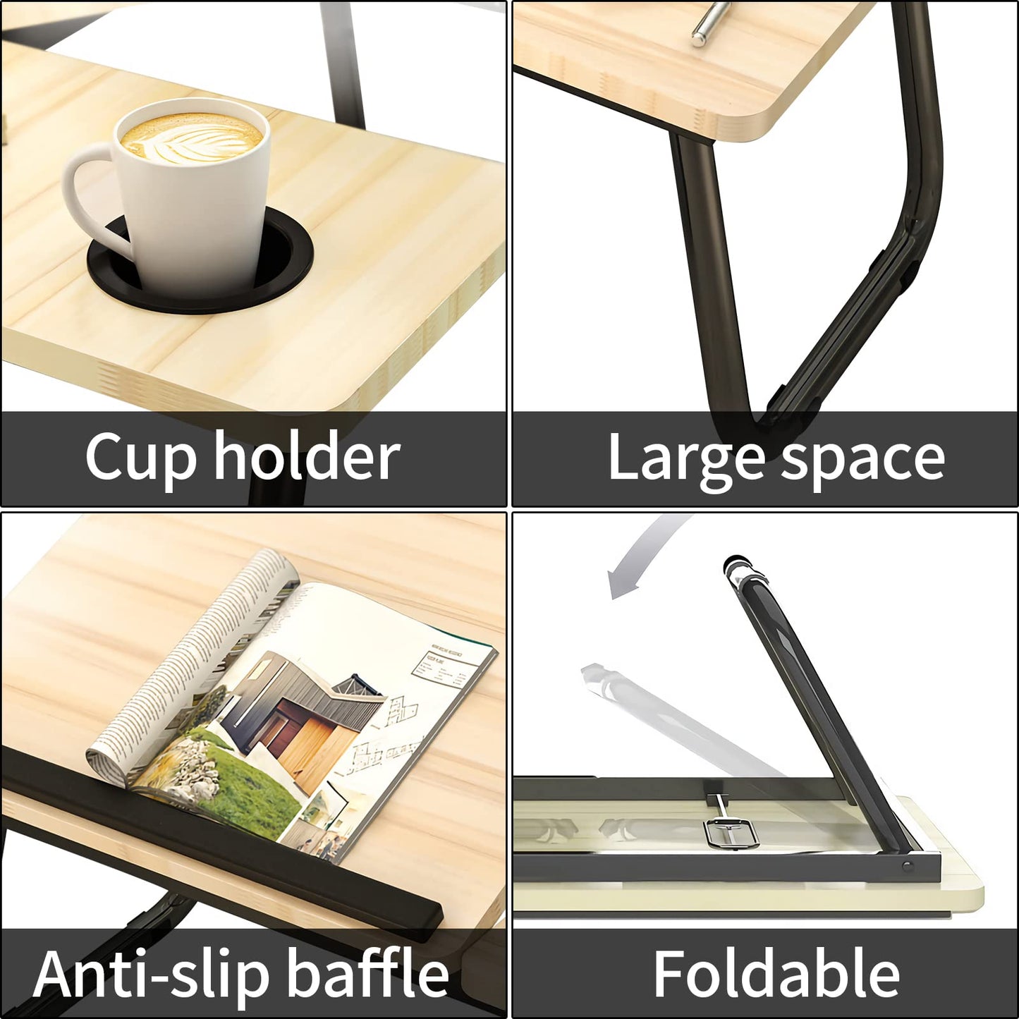 Laptop Desk, Laptop Bed Table with Foldable Legs & Cup Slot, Reading Holder Notebook Stand Breakfast Bed Tray Book Holder for Sofa, Bed, Terrace, Balcony