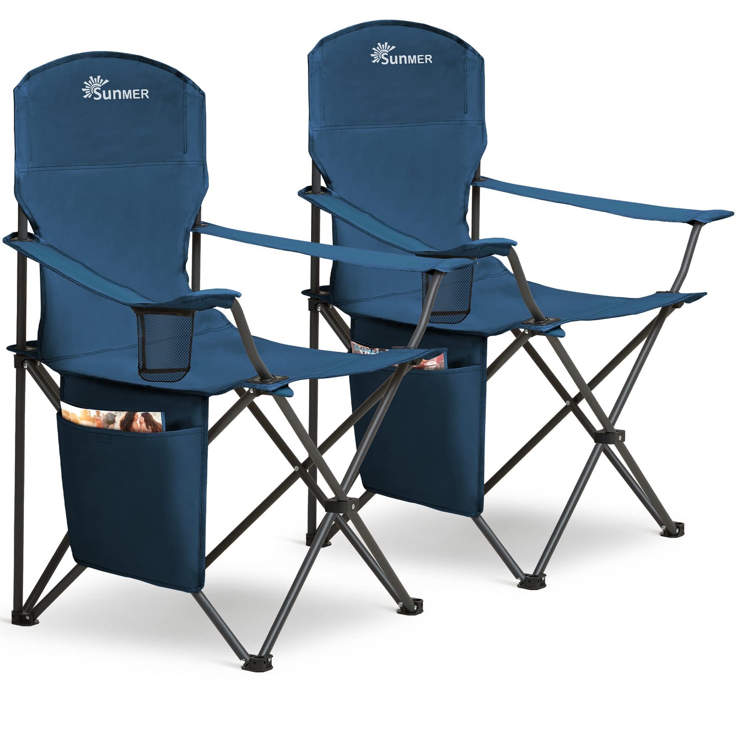 SUNMER Folding Camping Chairs - Set of 2, Extra-Wide Lightweight Outdoor Chairs with Armrests, Cup Holder and a Side Pocket - 120kg Capacity per Chair - Professional Travel & Garden Seating - Black