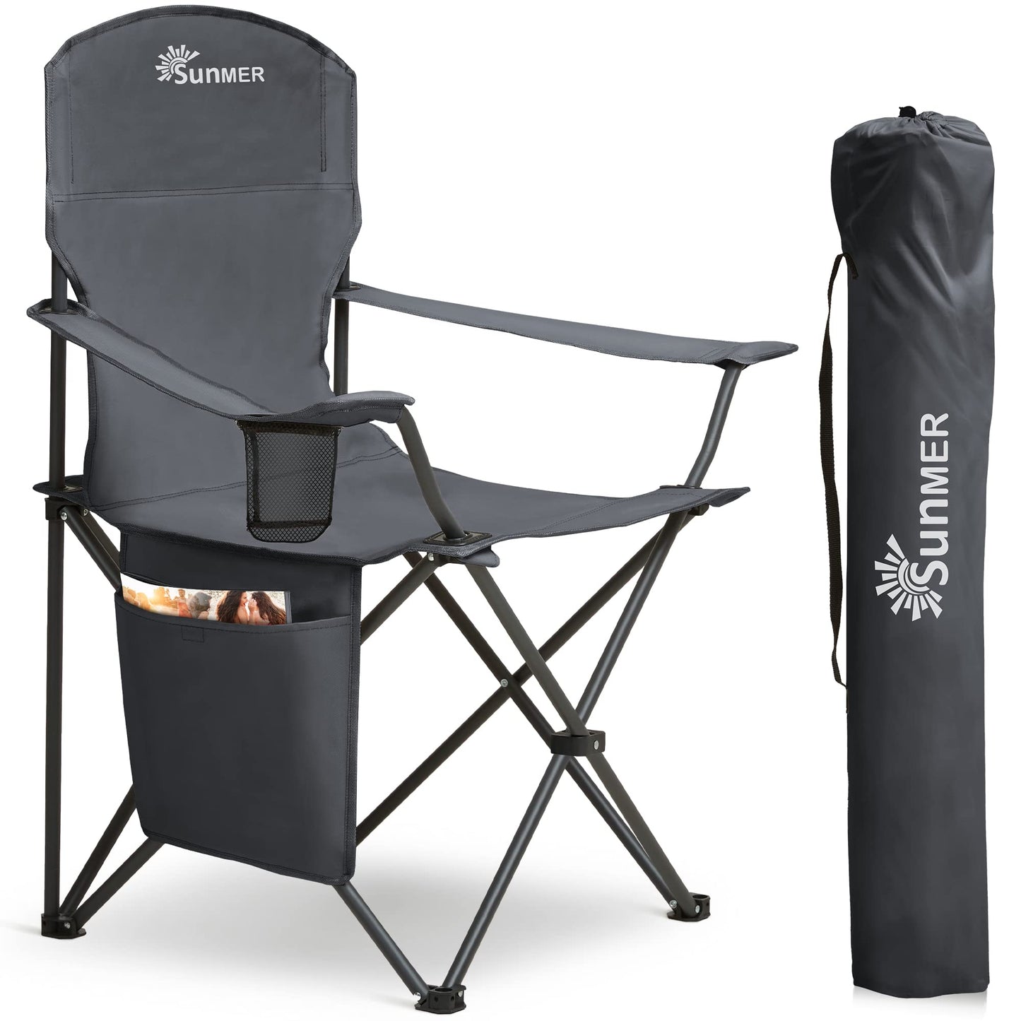SUNMER Folding Camping Chairs - Set of 2, Extra-Wide Lightweight Outdoor Chairs with Armrests, Cup Holder and a Side Pocket - 120kg Capacity per Chair - Professional Travel & Garden Seating - Black