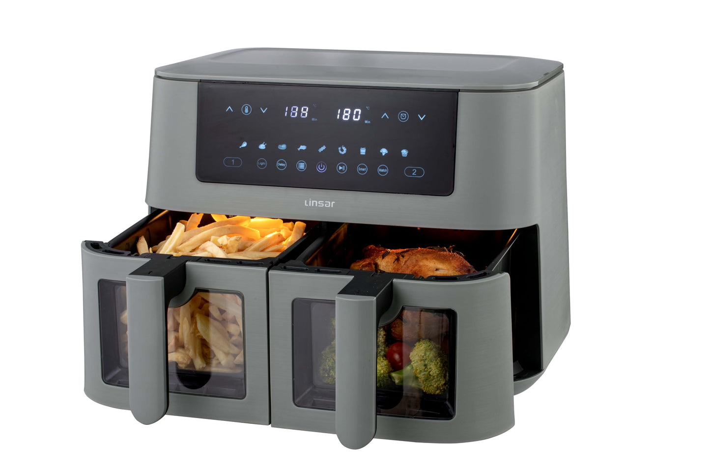 Linsar - Dual Zone Air Fryer - with Double Chamber - 8L Air Fryer 2 Baskets - with Viewing Window - Touch Screen - 9 Presets - Sync Ready Technology (Grey)
